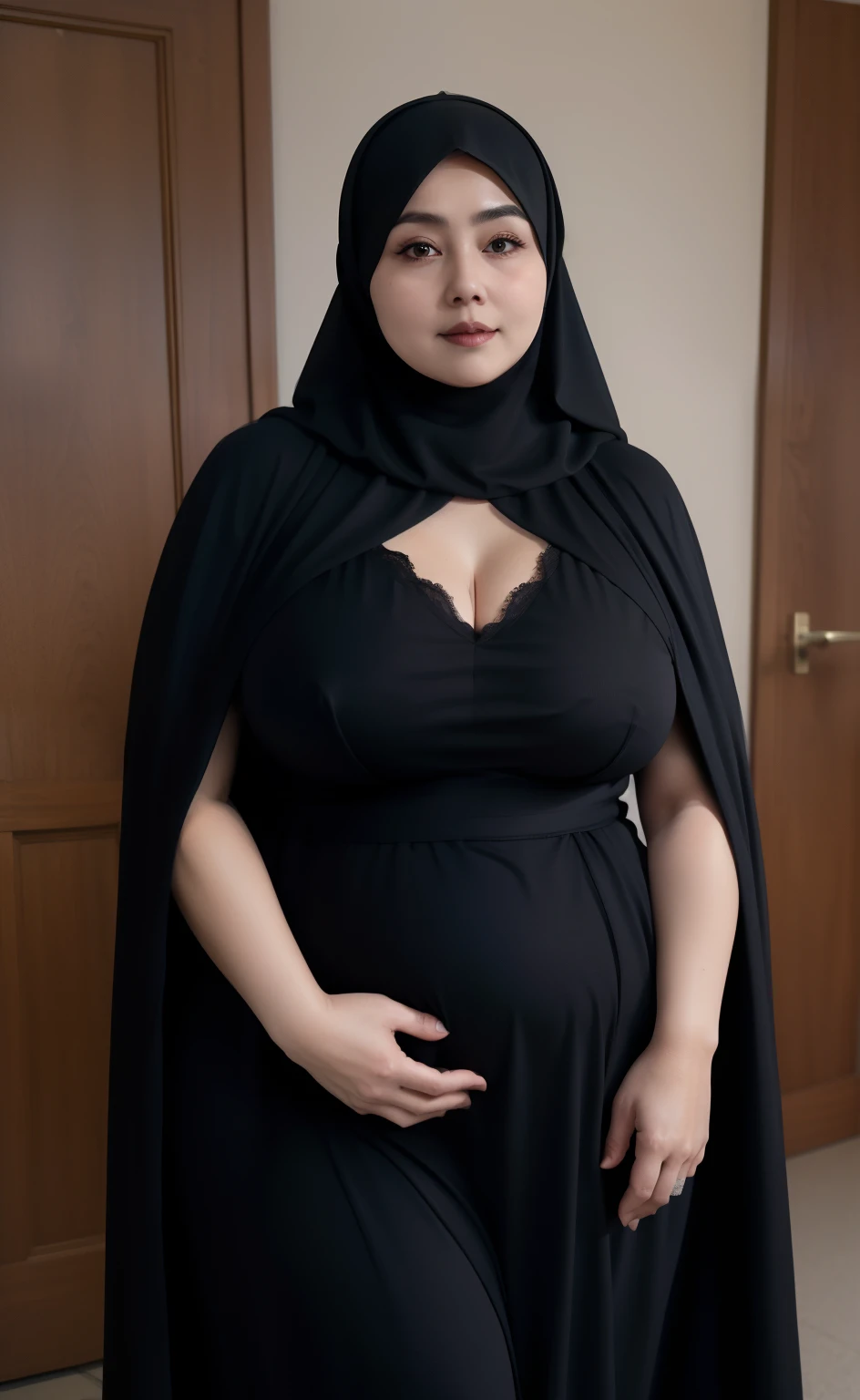 woman in black dress and hijab in black room, wearing black clothes and cape, hijab outfit, with a long black cape, hijab fashion model, plus size, plus size woman, wearing black robe, woman in black robes, beautiful burqa's woman, thicc, black outfit,, wearing a black robe, black, with cape, bbwchan, large cleavage, very large cleavage, massive cleavage , there is a old woman posing in a dark room with a maroon burka clothes , 60 years old, thick body, thick woman , wide hips, thick legs, she has a jiggly fat round belly, thick thighs, curvy hourglass figure, thicc, curvy model, widest hips, hyperrealistic full figure, bbwchan, voluptuous body, thick, tattooed body, tattooed hands, hena on arm, hena in belly, Burka woman, muslim clothes, 60 years old woman. Burka woman, chubby cheeks,