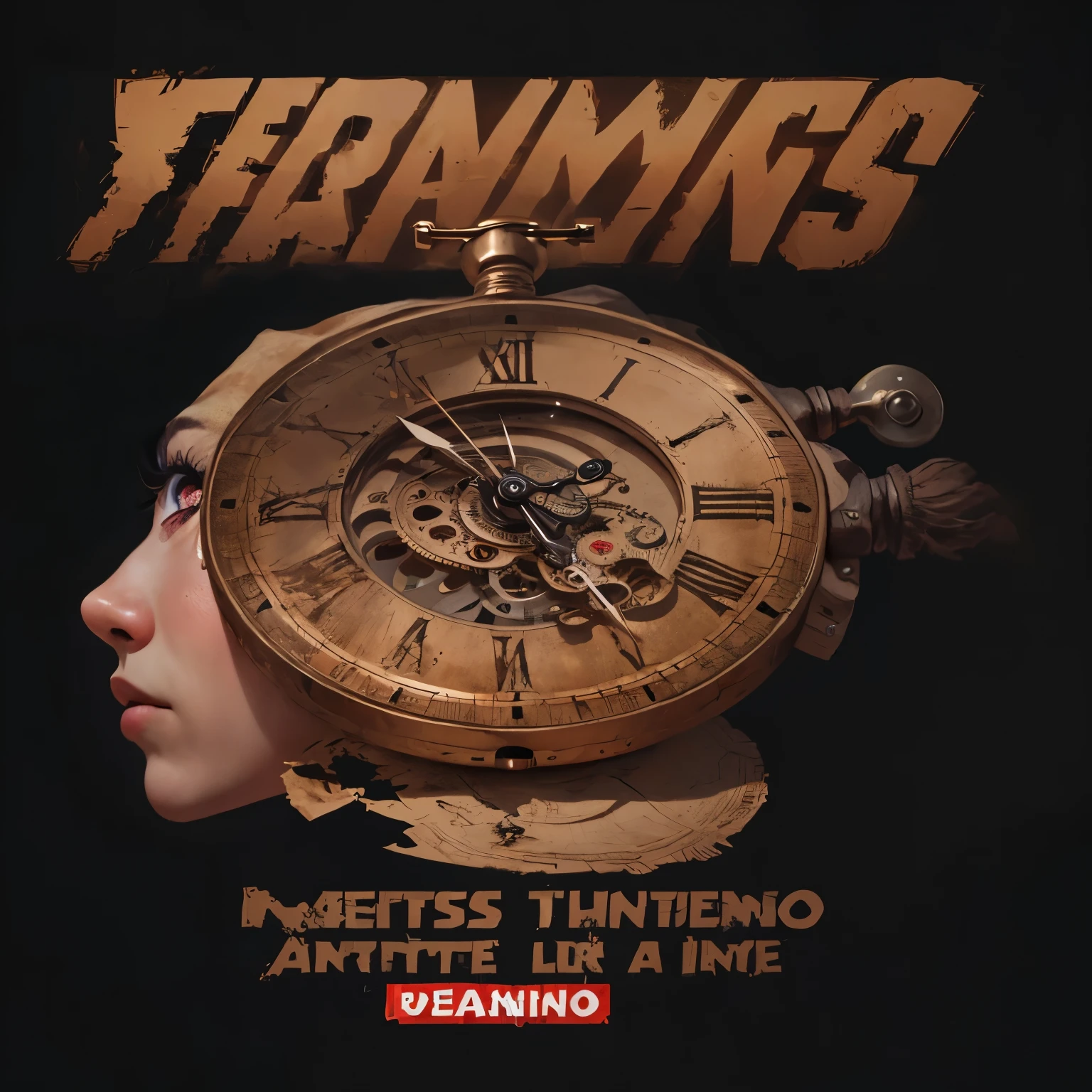 a close-up of a clock on a black shirt with a saying, pensamento pose, Instigantes, instigante, pensativo, tuning, pensamento, incredible depth, ponderando, olhando de lado, Pensamentos, panicked, alucinante, contemplando, punk mindar altamente intrincado, Eu penso, por Randy Gallegos, a rustic album cover of a clock, arte oficial