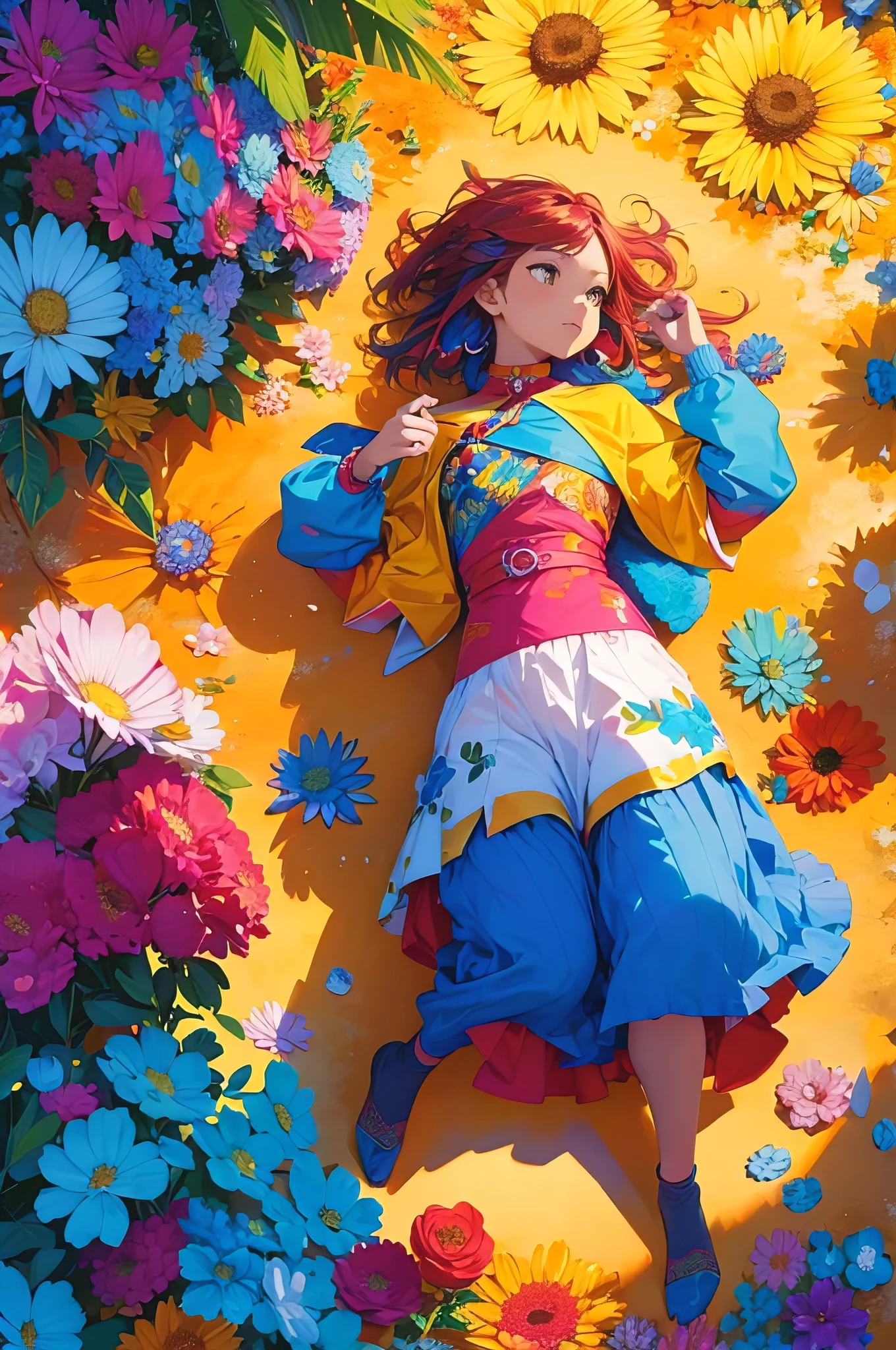 (bright,colorful,energetic) flower(s),full screen,bloom,Under the scorching sun,(color,color palette),(colorful, bold, vivid) the block,(intense,overpower) brightness and warmth,(high contrast,contrasting colors),abundance of colors,(shining,Saturated) tone,stark and energetic composition,Direct and strong sunlight,emphasis on colors and shapes,Eye-catching visuals,Images with strong visual impact,rich and colorful, Fusion.