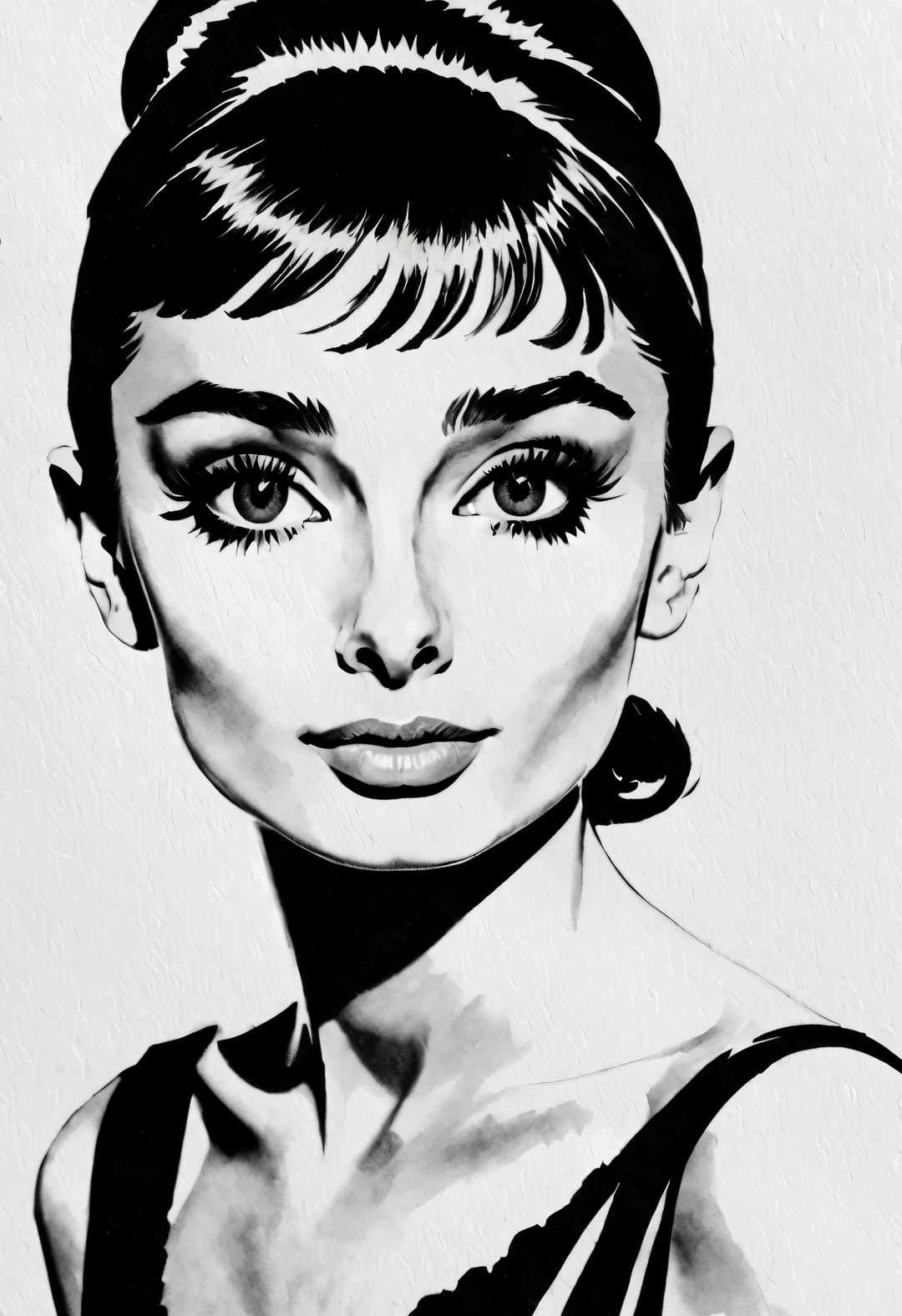 pen and ink art style, ink painting艺术风格, Beautiful detailed, ink painting, line art, black and white, White background, have no color, HD, Crazy details, Super please, elegant, Gorgeous, Surrealism, super detailed, Lumin gram photography style,
(Audrey Hepburn elegantly looks at the camera), with a White background, dramatic contrast, and clear, shiny hair, Emphasis on clear and exceptionally beautiful bright eyes, smooth skin, portrait, beautiful details, Super intricate and refined details, Outline with black ink, smooth lines, And the contrast of ink shades to express the characters&#39; expressions and postures. Simple background, Emphasis on light, shadow, and a sense of space,