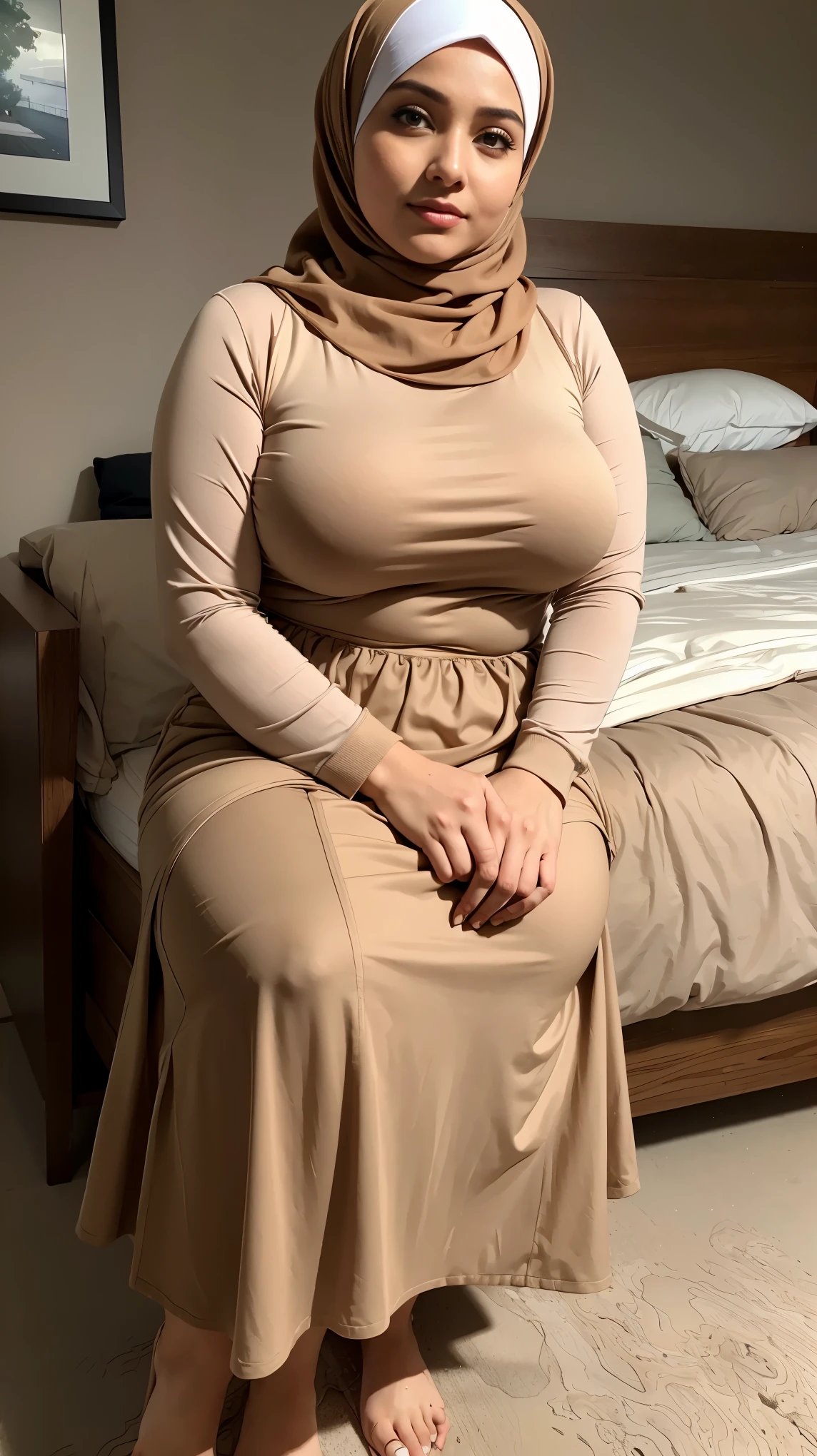RAW, Best quality, high resolution, masterpiece: 1.3), beautiful bandung city woman in hijab, Masterpiece, perfect fit body, big breasts, thick thighs, beautiful big eyes, Soft smile, muslim woman in a brown top and beige skirt leaning against a bedroom, with lovely look, wearing a fisher 🧥, 🤠 using a 🖥, taupe, long skirt, City parks, Great lighting, Bright colors, Ultra realistic clean lines, very realistic