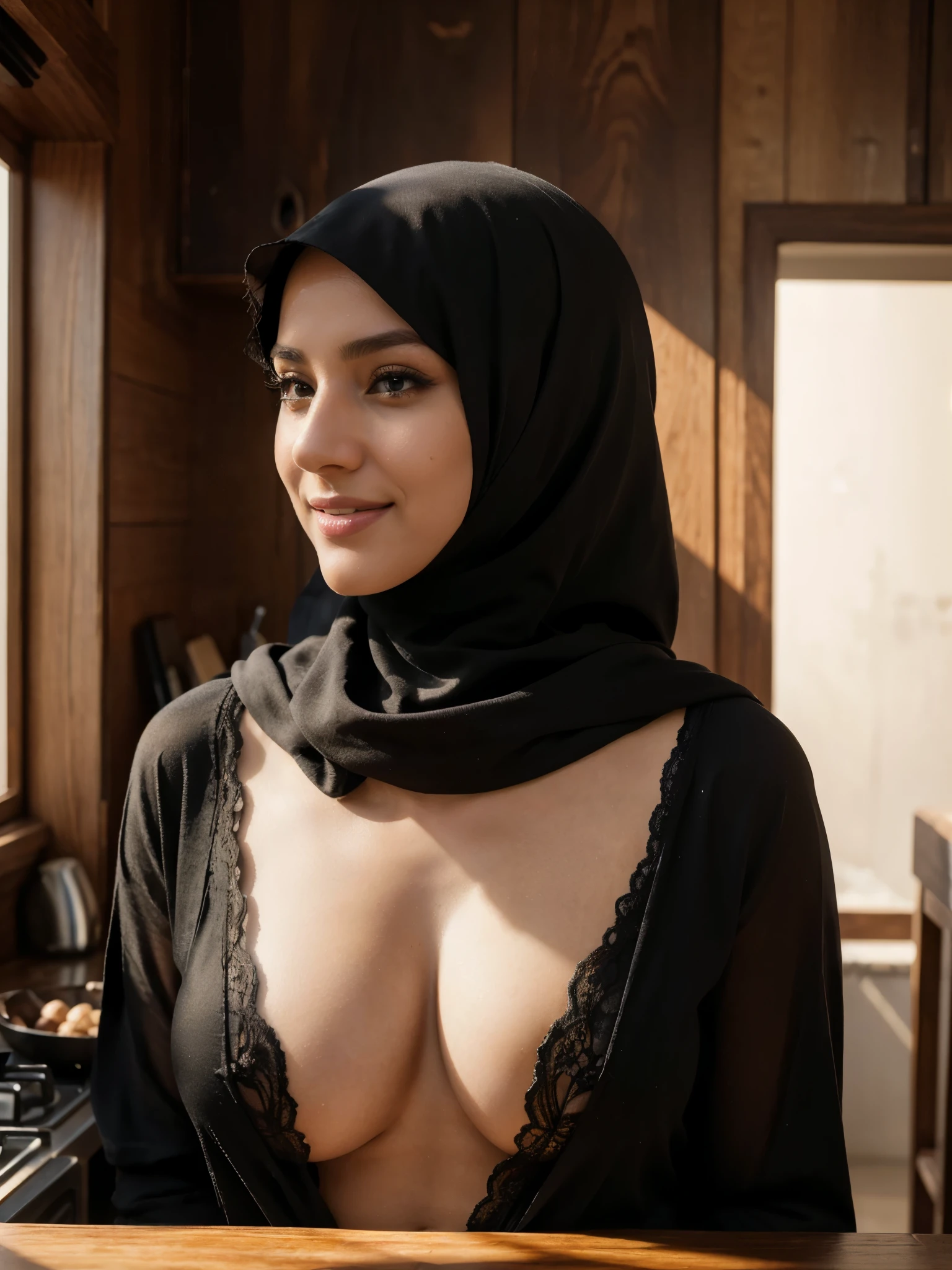 (best quality,4k,8k,highres,masterpiece:1.2),ultra-detailed,(realistic,photorealistic,photo-realistic:1.37),romantic lighting,beautiful iraqi hijabi wife,beautiful smile,sultry eyes, sexy abaya in kitchen,glowing morning sunlight
