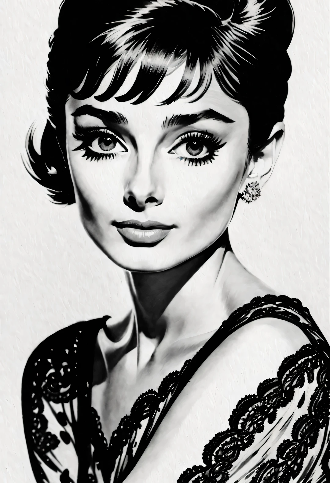 pen and ink art style, ink painting艺术风格, Beautiful detailed, ink painting, line art, black and white, White background, have no color, HD, Crazy details, Super please, elegant, Gorgeous, Surrealism, super detailed,
(Audrey Hepburn elegantly looks at the camera), a white lace evening gown with a White background and a Dramatic contrast, Hair texture clear and shiny, Emphasis on the depiction of exceptionally beautiful and bright eyes, smooth skin, portrait, beautiful details, Super intricate and refined details, Outline with black ink, smooth lines, Express the expressions and postures of characters through the contrast of ink shades. Simple background, Emphasis on light and space,