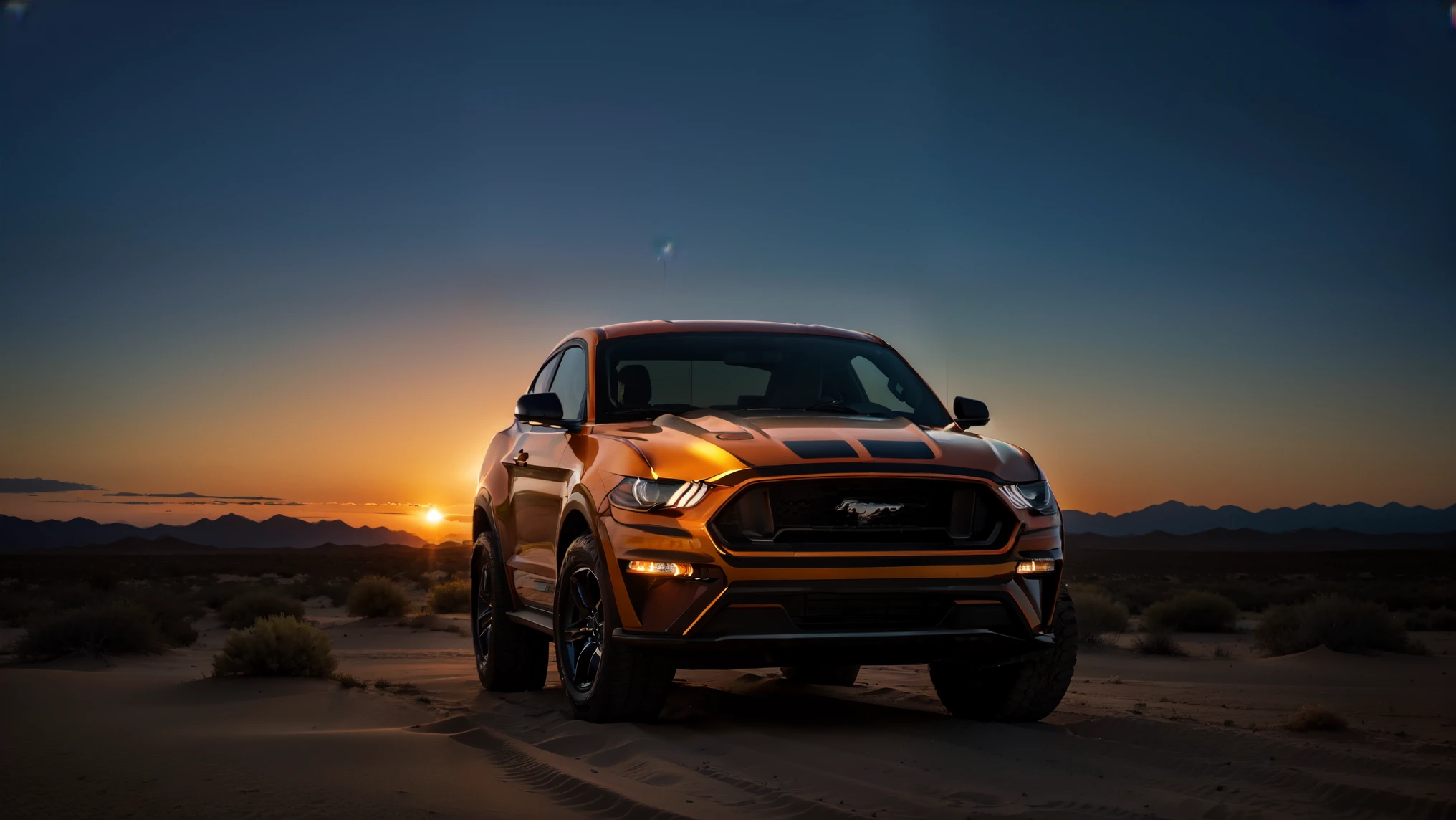 ford mustang suv truck, desert, sunset, peaceful atmosphere, vibrant, colorful
