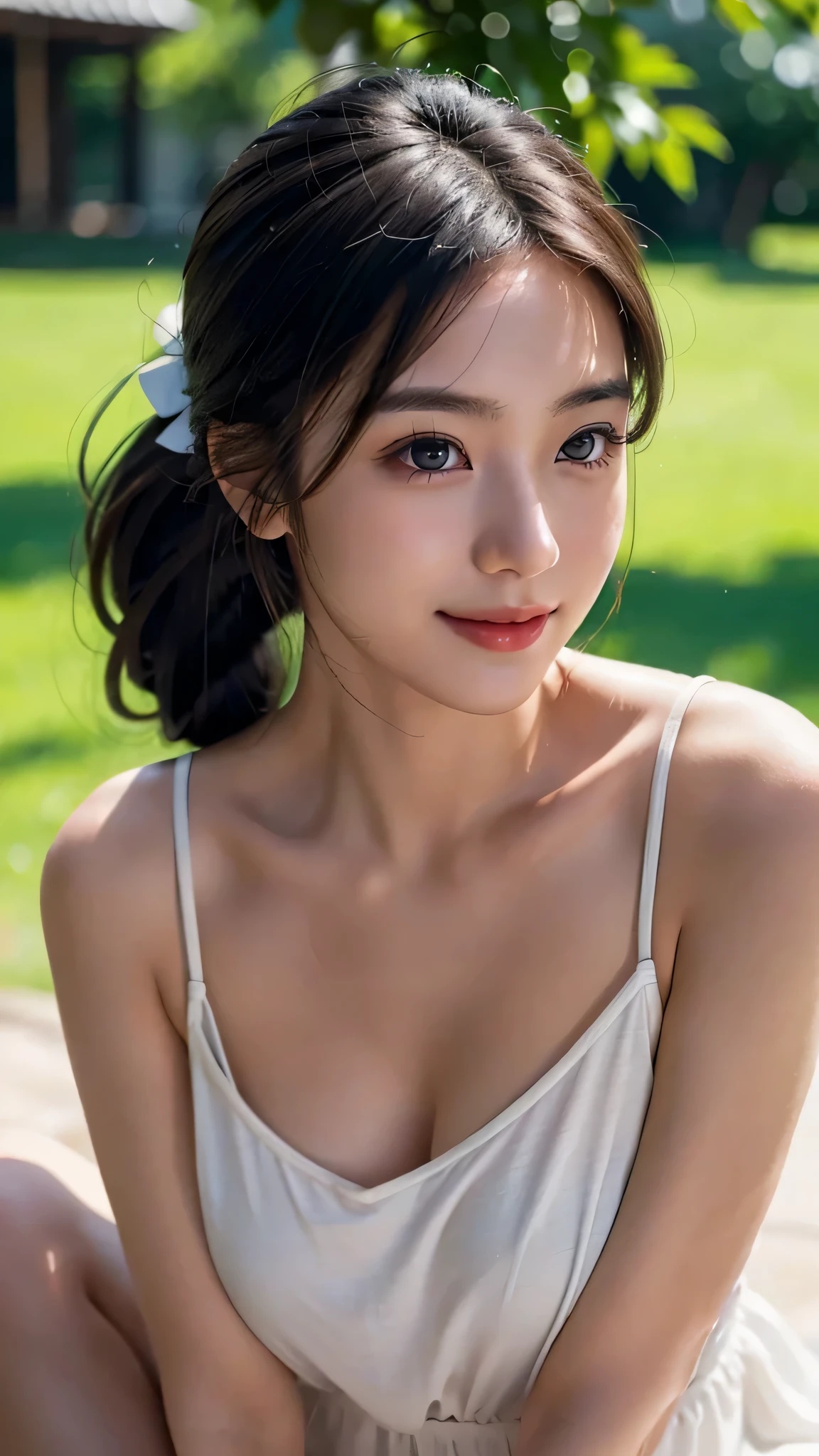 One woman,fully body photo,masutepiece, The highest image quality, High quality, the background is clear，Beautiful woman, Japanese, Detailed, Detailed eyes, Detailed skin, Beautiful skin, 超hight resolution, (reality: 1.4),Very beautiful woman, Slightly younger face, Beautiful skin, slender, (Ultra photo realsisim), (hight resolution), (8K), (Very detailed) (beautifully detailed eyes), (super detailed),   (Detailed face), view the viewer, Fine details, Detailed face, Staring straight ahead, Staring straight ahead, photos realistic, Bright lighting, Professional Lighting, Black hair,poneyTail,a ,sixteen yTail,wear a ribbon,ロングのponeyTailの髪型,Lightly smiling, winking,Clear sky, on grass.