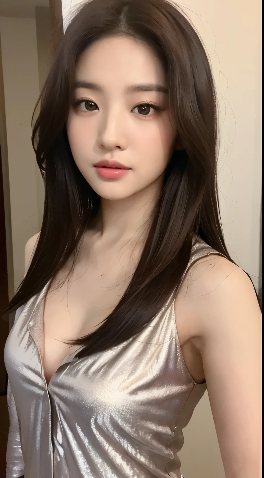 ((Realistic lighting, Best quality, 8k, MASTERPIECE:1.3)), Sharp Focus:1.2, 1girl, A beauty with a perfect figure:1.4, Slim abs:1.1, ((Dark Brown Hair)), (Pajamas :1.4),(in door,at nighttime:1.1),home ,Ultra-fine face,Fine eyes,Double eyelidd, , Just the upper body, but you have to show everything to the chest