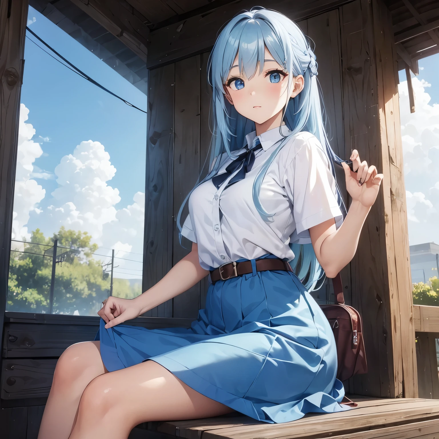 Create an image of Aria, a friendly and beautiful female character with silver-blue hair and bright blue eyes. Dress her in simple yet stylish everyday clothing, perhaps jeans and a comfortable blouse or a casual dress. Maintain a warm and approachable aura, avoiding excessive mystery.