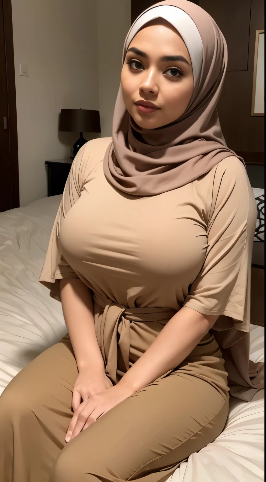 RAW, Best quality, high resolution, masterpiece: 1.3), beautiful Malay woman in hijab, Masterpiece, perfect fit body, big breasts, thick thighs, beautiful big eyes, Soft smile, muslim woman in a brown top and beige skirt leaning against a bedroom, with lovely look, wearing a fisher 🧥, 🤠 using a 🖥, taupe, long skirt, City parks, Great lighting, Bright colors, Ultra realistic clean lines, very realistic