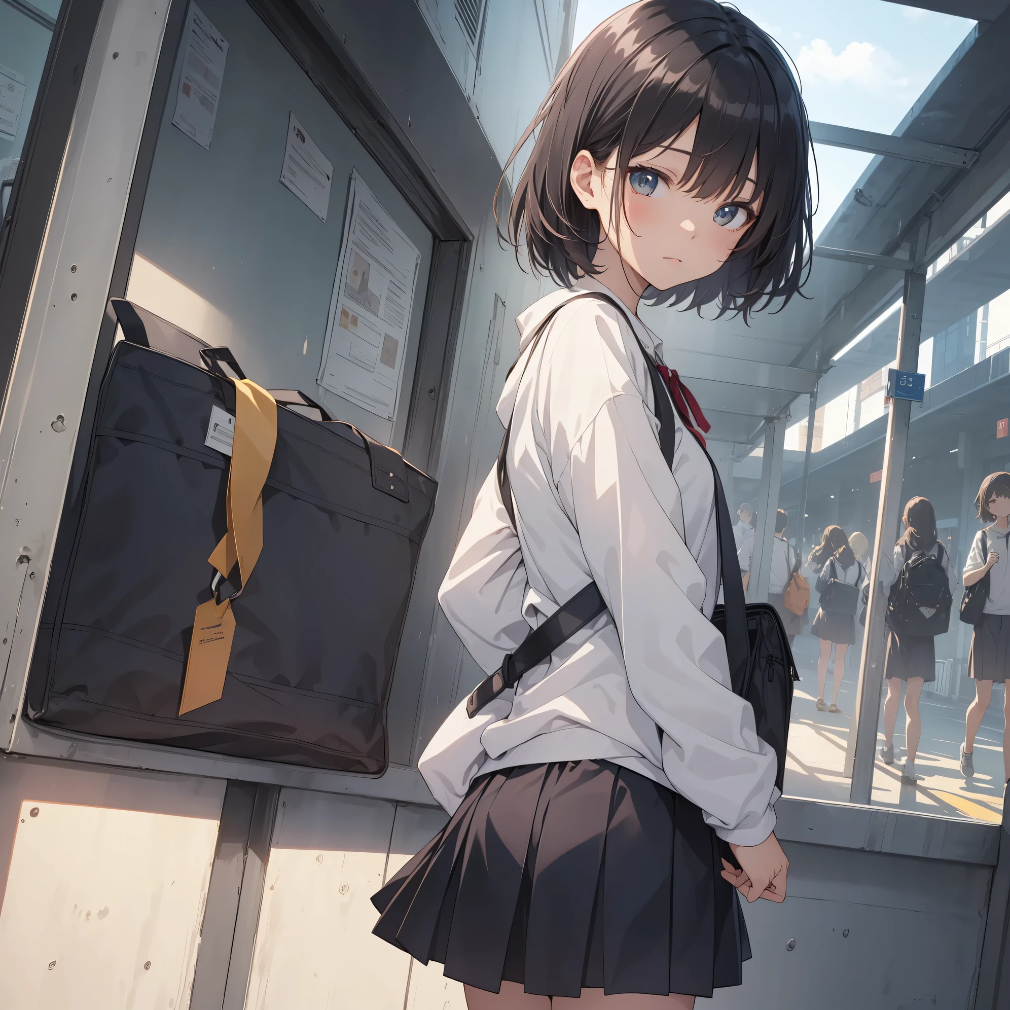 Super high quality by the art god, super detailed, High resolution, AI generated, anime moe art style, best anime 8K konachan wallpaper, pixiv contest winner, perfect anatomy, break,(眠そうにalone学校へ行く女の子を描いてください. ),break, 1 girl, (alone,lolita, , :1.3),All limbs, full finger,, androgynous charm, (very short hair), messy hair, flat chest, Because I'm slender, small ass, between legs, Small black eyes, beautiful and fine eyes, Well-proportioned iris and pupils, disgusted eyes, High resolutionの詳細な髪, wearing school uniform, (skirt),(detailed lighting), (detailed background), On the way to school. break,super dense skin, Best lighting by famous artists, 8K, figure,UHD, rough skin