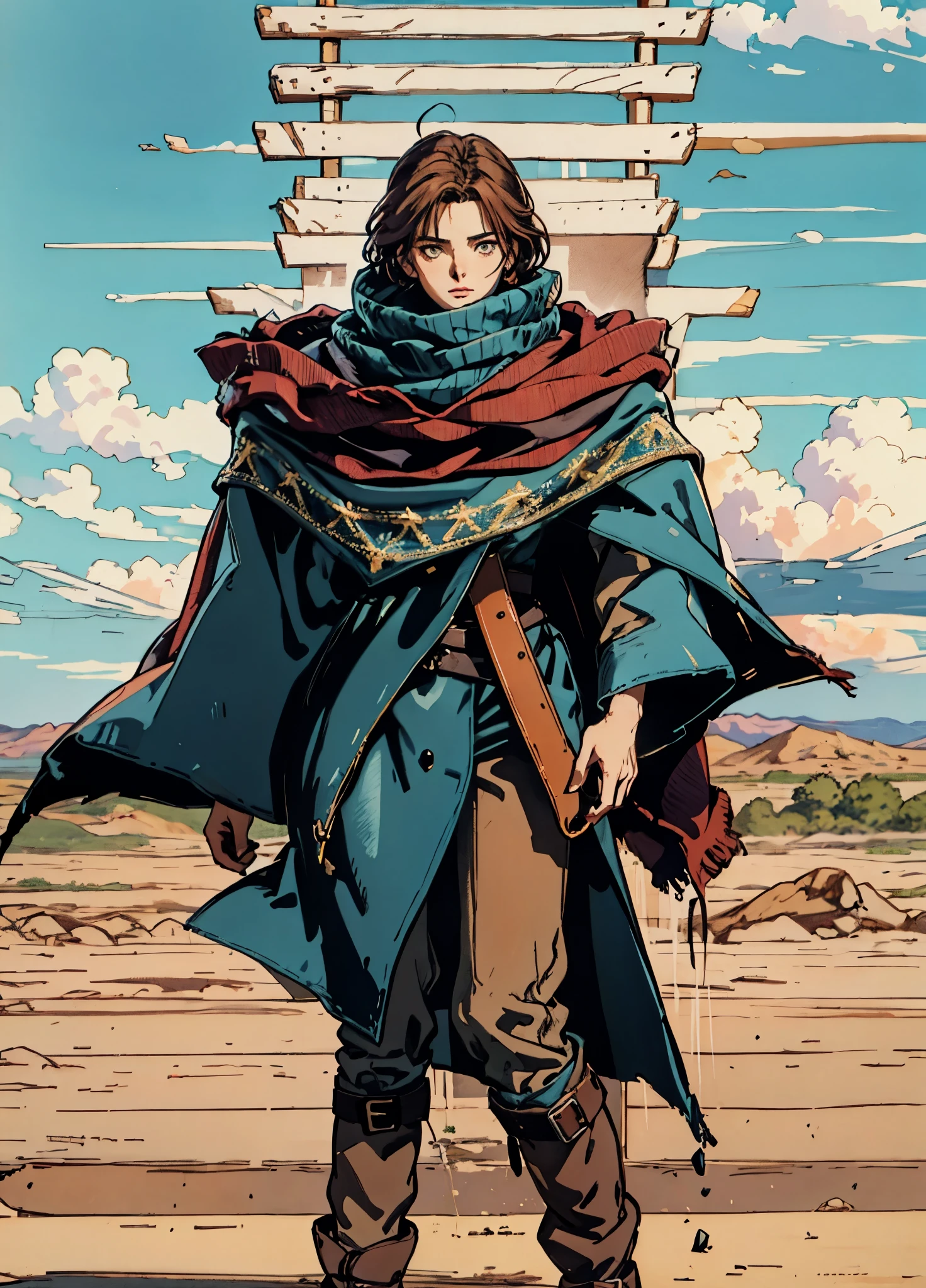 A woman with short reddish-brown hair, a determined gaze, her upper body is enveloped in a heavy cloak with leather accents, the cloak covers the lower half of her face, a tight-fitting long leather trench coat with ethnic-style details at the hem underneath, coarse fabric pants, sturdy knee-high leather boots, the background depicts a fantasy-style western town with swirling yellow sand, this character embodies a finely crafted fantasy western-style female shaman in anime style, exquisite and mature manga art style, high definition, best quality, highres, ultra-detailed, ultra-fine painting, extremely delicate, professional, anatomically correct, symmetrical face, extremely detailed eyes and face, high quality eyes, creativity, RAW photo, UHD, 8k, Natural light, cinematic lighting, masterpiece-anatomy-perfect, masterpiece:1.5