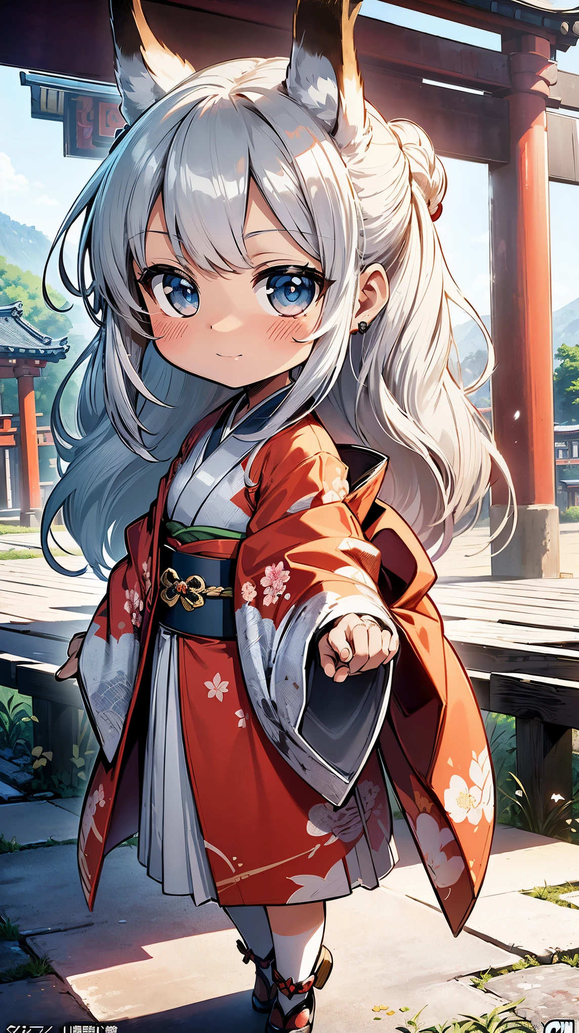(((Masterpiece))), (((Highest quality))), ((Ultra-detailed)), ((Super fine illustration)), ((Ultra-fine painting)), (16K highest quality wallpaper:1.4), (Chibi:2.0), (Full body:1.6), HDR, (Highly detailed and delicate illustration style:1.8), Detailed skin texture, Detailed cloth texture, Extreme detailed description, (T-masterpiece), (Highly detailed face:1.2), (Highly detailed silver fox ears:1.2), (Highly detailed shiny silver half updo:1.2), (Highly detailed clear eyes:1.2), Original, RAW photo, Professional, Intricate details, Super details, Direct light:1.6, (Perfect anatomy:1.4), (Highly detailed hands:1.2), (Highly detailed fingers:1.2), (Highly detailed fingertips:1.2), (16-years-old), Real, (Solo:1.8), (A very beautiful and cute silver fox girl who is an idol and wears a bright red long-sleeved kimono with a floral pattern:1.4) BRAKE (Beautiful and adorable silver fox ears:1.8), (Highly detailed and delicate silver fox ears:1.4), (Beautiful and shiny silver half updo:1.6), (Highly detailed and delicate silver half updo:1.2), (Beautiful clear blue eyes that shine with great detail:1.6), (Highly detailed and delicate blue eyes:1.2), (Highly detailed face:1.4), (Smile:1.3), (Blush:1.4), (Looking at viewer:1.4), (Celebration:1.4) BRAKE (Bright red long-sleeved kimono with floral pattern:1.4), (Japanese traditional costume:1.2) BRAKE (Concept art:1.2), (Detailed fantasy art:1.2) BRAKE (Just after noon:1.4), (Very detailed and beautiful Ise Grand Shrine in Mie Prefecture just after noon in the background:1.6), (Standing in front of the torii gate:1.4), (Celebration:1.4), Ise Grand Shrine:1.4, Torii gate of Ise Shrine:1.4, Very beautiful in the sunny sky background just after noon:1.4 BRAKE