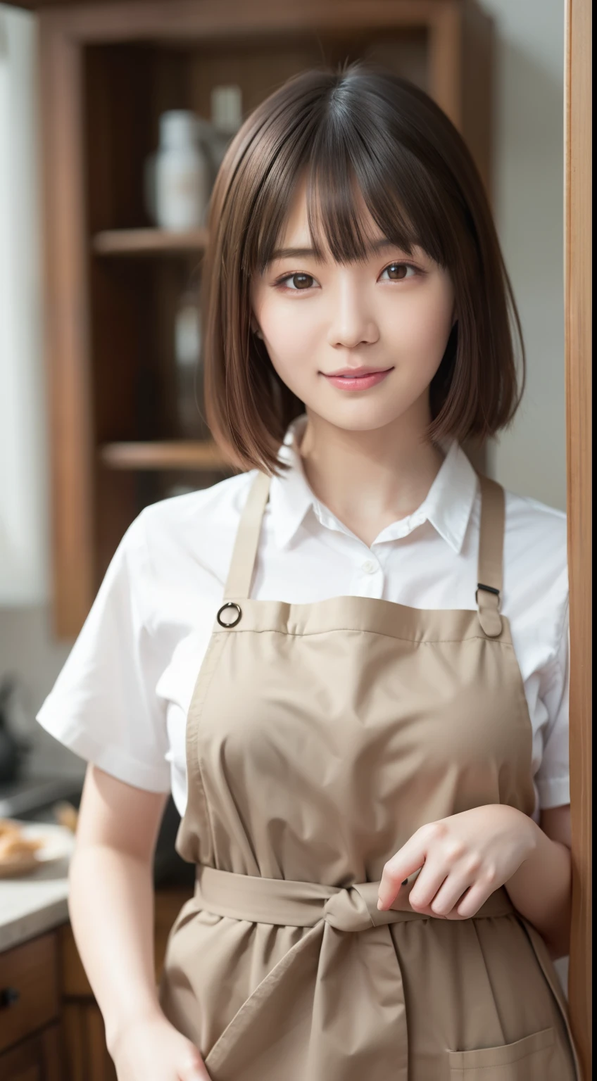 (highest quality, 8K, 32K, masterpiece, UHD: 1.2), 1 girl, beautiful japanese woman, thinウエスト,casual , detailed face, brown hair, bob hair, droopy eyes, thin, whole body, detailed fingertips, one woman, alone, Smile,Apron appearance
