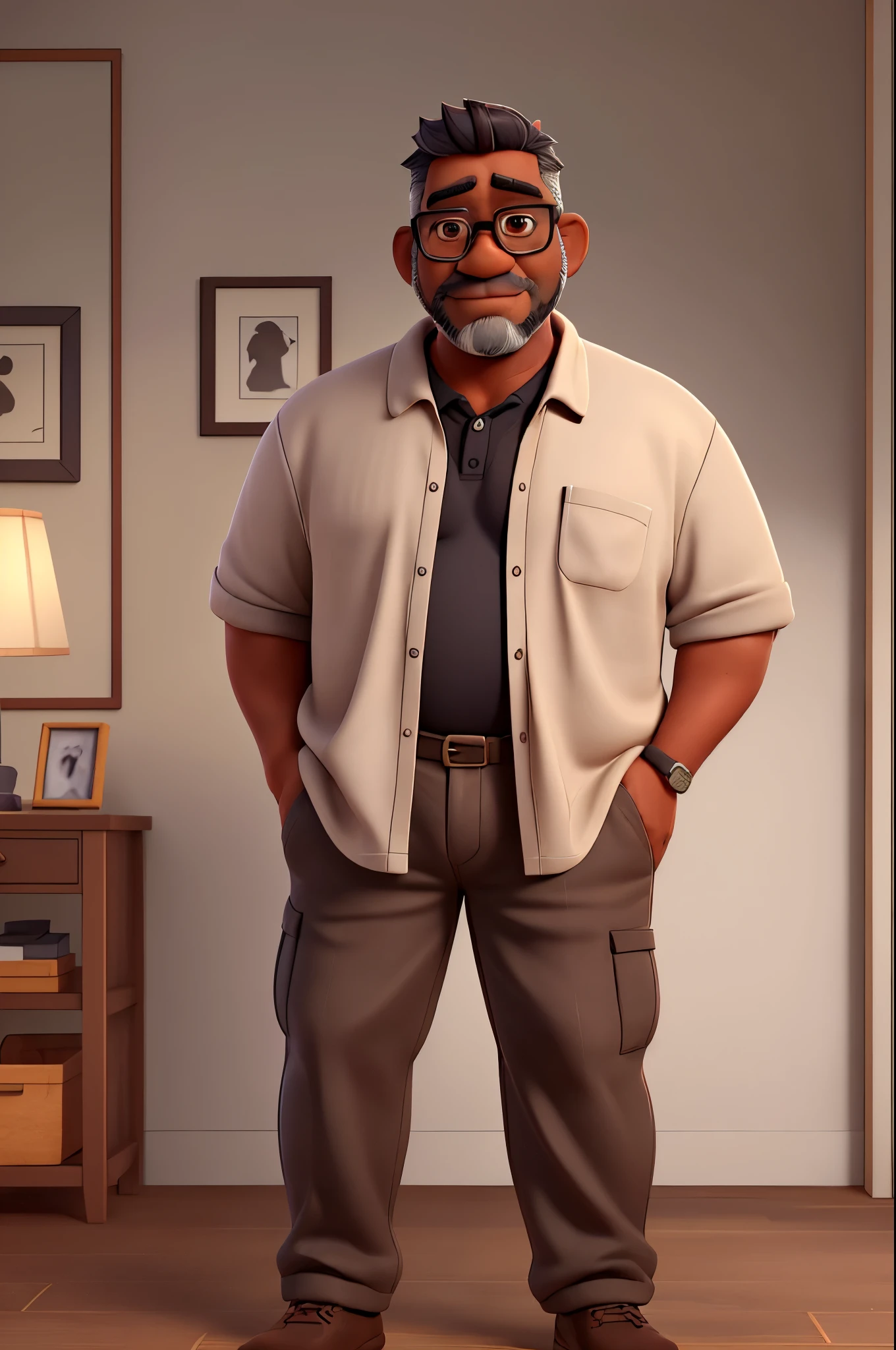 An attractive 50-year-old man. Dark tanned skin. chubby, Full body. He is wearing pants, polo shirt. He has black rectangular reading glasses. He has beard. He has gray crew cut hair. The image has perfectly defined lips and detailed dark brown eyes.