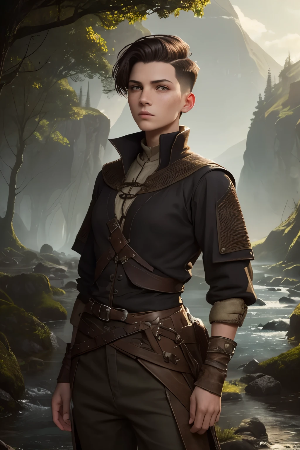 A young androgynous woman with a undercut. Kind. Friendly. Tomboyish. Happy. Skinny. Very short manly haircut. Dark-brown hair. Sides shaved, undercut. Very pale skin with freckles and liverspots. A soft round face with freckles and liverspots. Upturned dark-brown eyes. Very thin and barley visible eyebrows. A long and wide nose. Wide curved lips. Round chin. Slim body. . Wide hips. Thick legs. Used dirty medieval clothing of a lonley ranger and wanderer with tight trousers. Beautiful bright fantasy landscape in the background with shiny forest and rivers. 