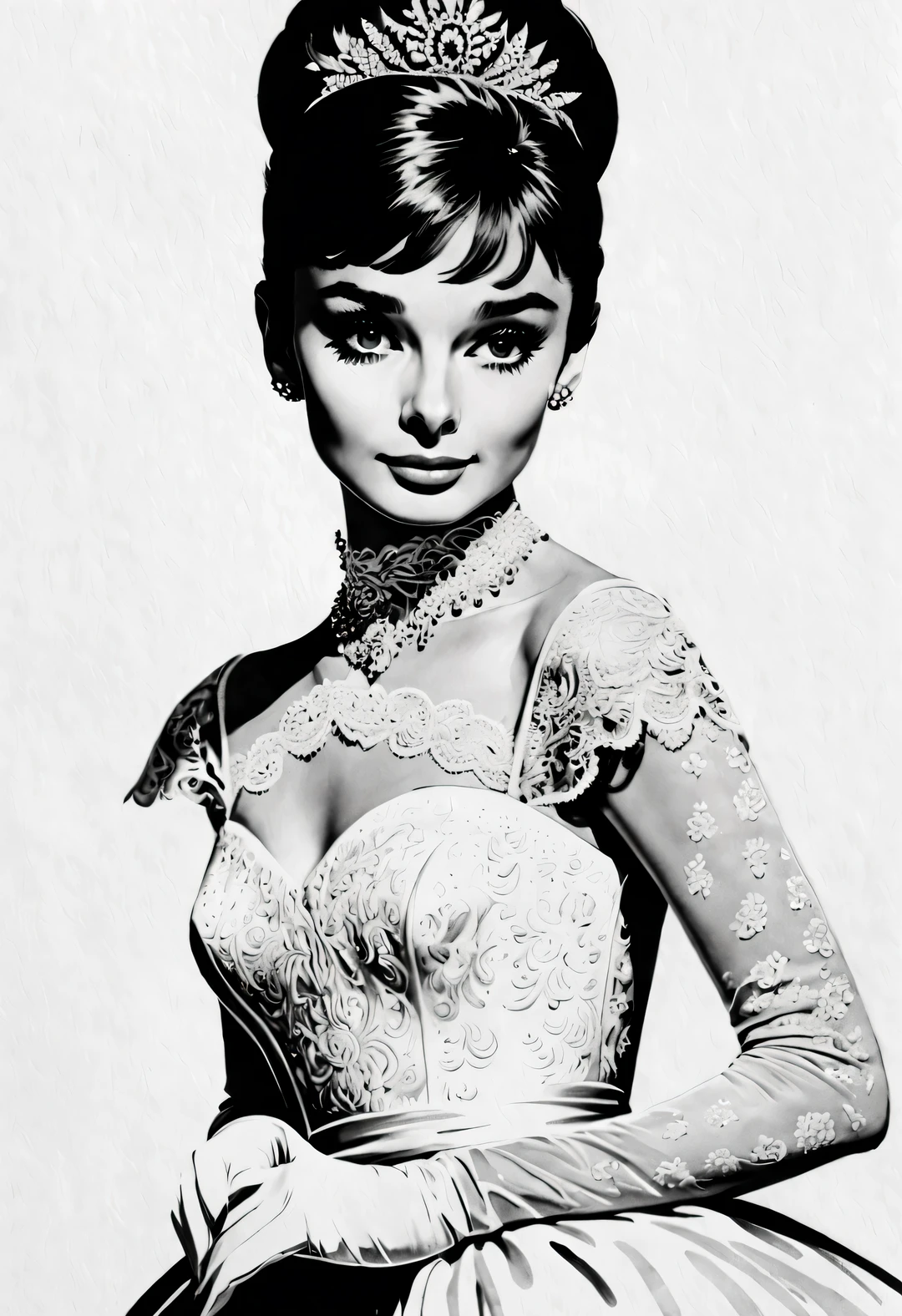 pen and ink art style, ink painting艺术风格, Beautiful detailed, ink painting, line art, black and white, White background, have no color, HD, Crazy details, Super please, elegant, Gorgeous, Surrealism, super detailed,
(Audrey Hepburn elegantly looks at the camera), (Wearing white lace evening gown gloves), with a White background, dramatic contrast, and clear, shiny hair, Emphasis on the depiction of exceptionally beautiful and bright eyes, smooth skin, portrait, Beautiful detailed, Super intricate and refined details, Outline with black ink, smooth lines, And the contrast of ink shades to express the characters&#39; expressions and postures, Simple background, Emphasis on light and space,