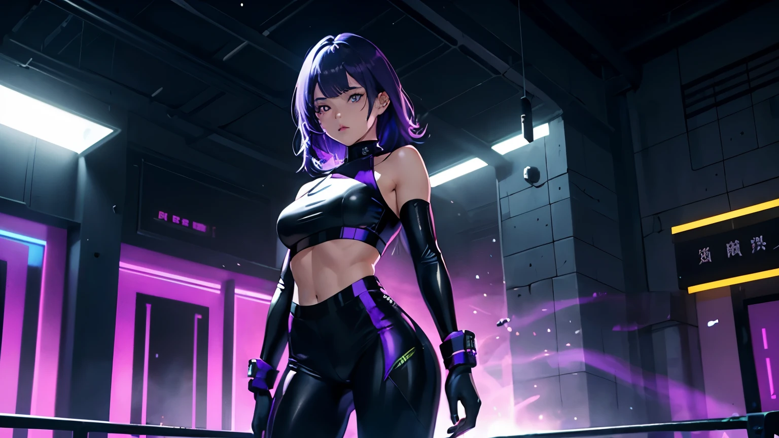 4K, A high resolution, Best quality at best, masterpiece, perfect colors, perfect shadow, perfect litthing, ((sportrait)), 1woman, fit-muscled body, bright yellow eyes, dark blue hair , blue eyes, With round lenses, detail in eyes, The audience watched carefully, (s face: 1.2), Perfect female figure, ((standing)), ((neon purple Tight crop top leather suit)), ((shy and looking at viewert)), (Perfect thick white eyebrows) Delicate fur, 详细s face, s the perfect face, At a fantasy industrial city , (model pose standing), energetic background, perfect city skyscape, lighting atmosphere, ((Bonifasko lighting)), (The round lenses on his eyes)(詳細な目), Perfect student, face close up