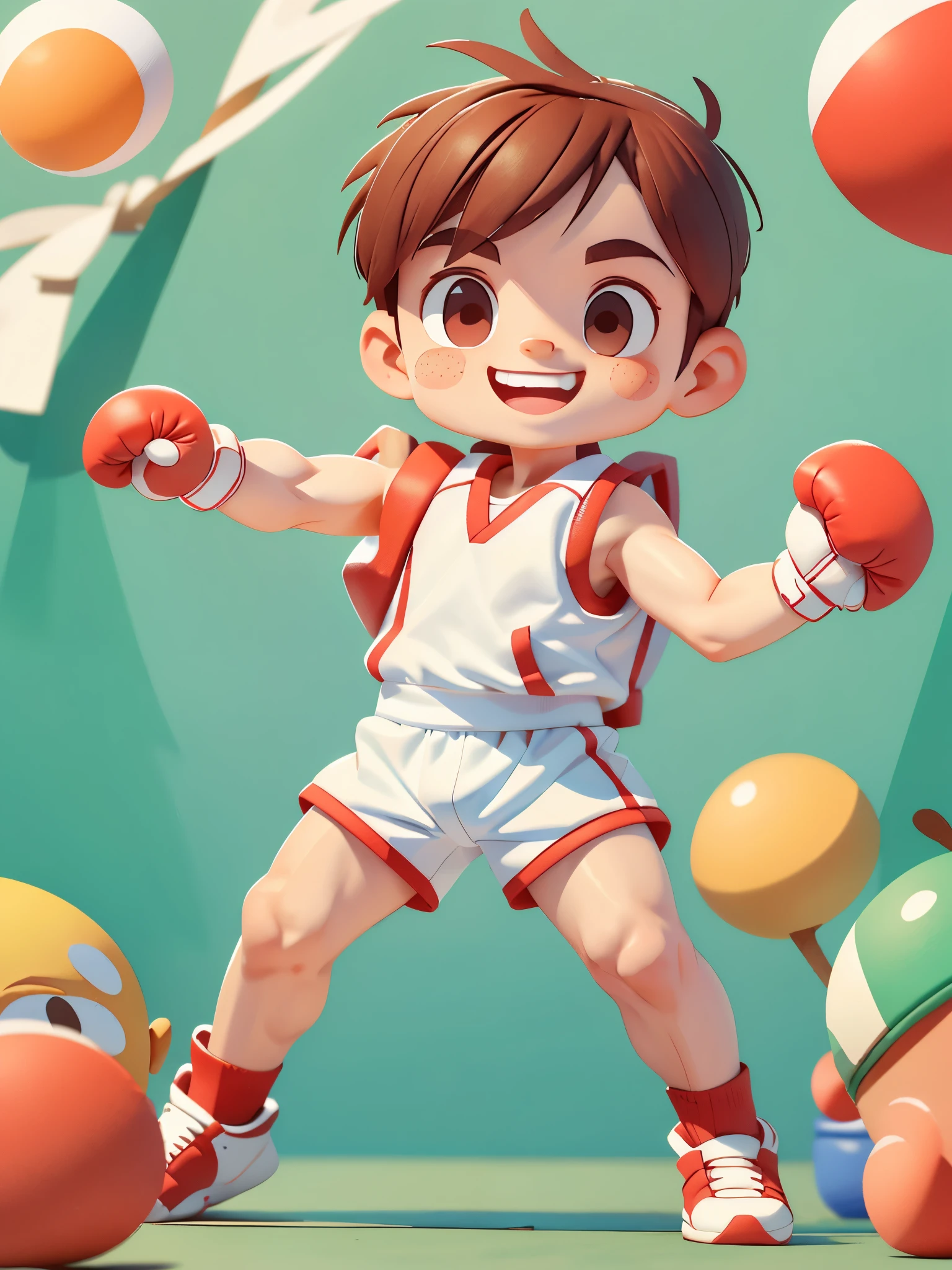 Dream of becoming a boxer(Boxer)of cute little boys, ((preschool)),Dress up as a boxer(Boxer),Wearing white(((sports vest))), ((Red sports shorts)),boxing gloves,Standing in the ring, smiling, (masterpiece: 1.2) (actual: 1.2) (Bokeh) (best quality) (delicate skin: 1.3) (intricate details) (8k) (exquisite eyes) (sharp focus), (happy)