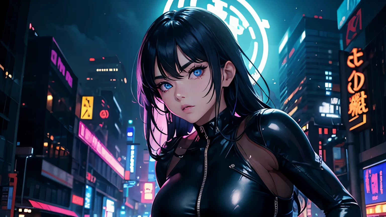 4K, A high resolution, Best quality at best, masterpiece, perfect colors, perfect shadow, perfect litthing, ((sportrait)), 1woman, fit-muscled body, face close up, bright yellow eyes, dark blue hair , blue eyes, With round lenses, detail in eyes, The audience watched carefully, (s face: 1.2), Perfect female figure, ((standing)),  ((neon light purple Tight crop top leather suit)), ((shy and looking at viewert)), (Perfect thick white eyebrows) Delicate fur, 详细s face, s the perfect face, At a  fantasy industrial city , (model pose standing), energetic background, perfect  city skyscape,  lighting atmosphere, ((Bonifasko lighting)), (The round lenses on his eyes)(詳細な目), Perfect student, face close up