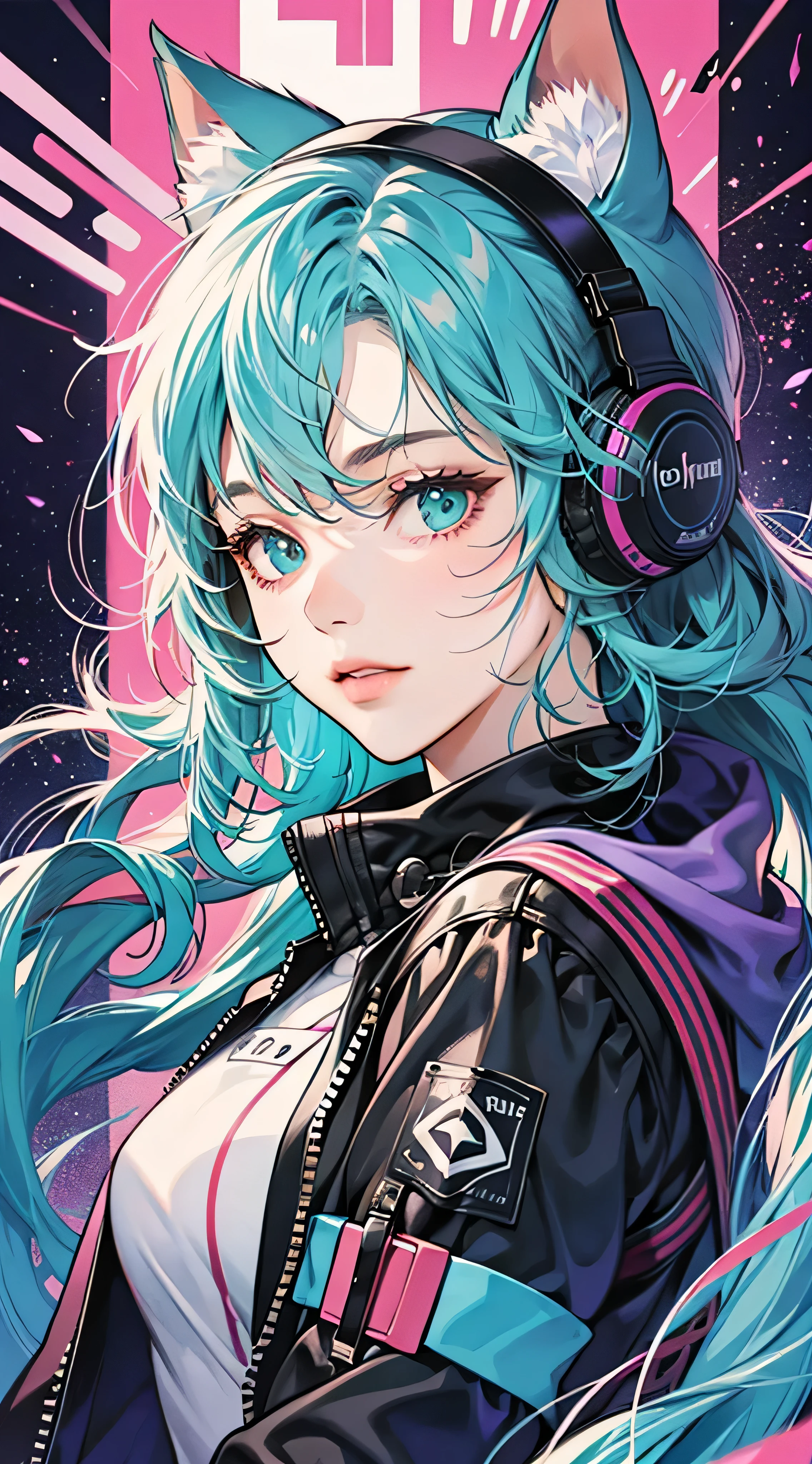 woman, high quality, anime, Punk rock techno, Holoscreen, Adult radio girl playing music, long hair, Cyber Music Costumes, shades of blue and turquoise, shades of purple,Cat ear