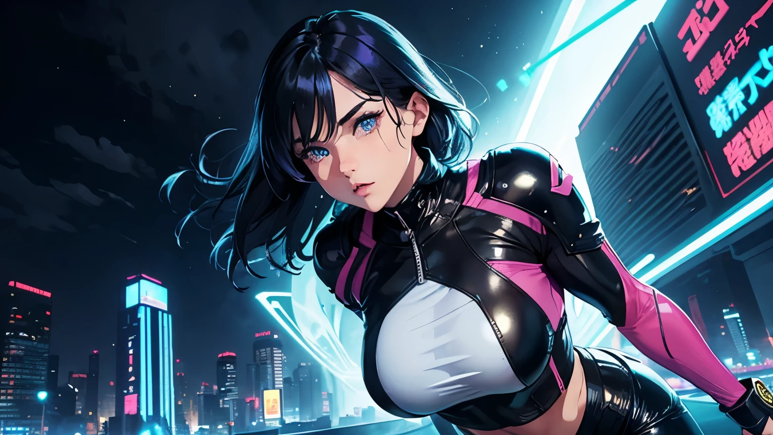 4K, A high resolution, Best quality at best, masterpiece, perfect colors, perfect shadow, perfect litthing, ((sportrait)), 1woman, fit-muscled body, face close up, bright yellow eyes, dark blue hair , blue eyes, With round lenses, detail in eyes, The audience watched carefully, (s face: 1.2), Perfect female figure, ((standing)),  ((neon light purple Tight crop top leather suit)), ((shy and looking at viewert)), (Perfect thick white eyebrows) Delicate fur, 详细s face, s the perfect face, At a  fantasy industrial city , (model pose standing), energetic background, perfect  city skyscape,  lighting atmosphere, ((Bonifasko lighting)), (The round lenses on his eyes)(詳細な目), Perfect student, face close up