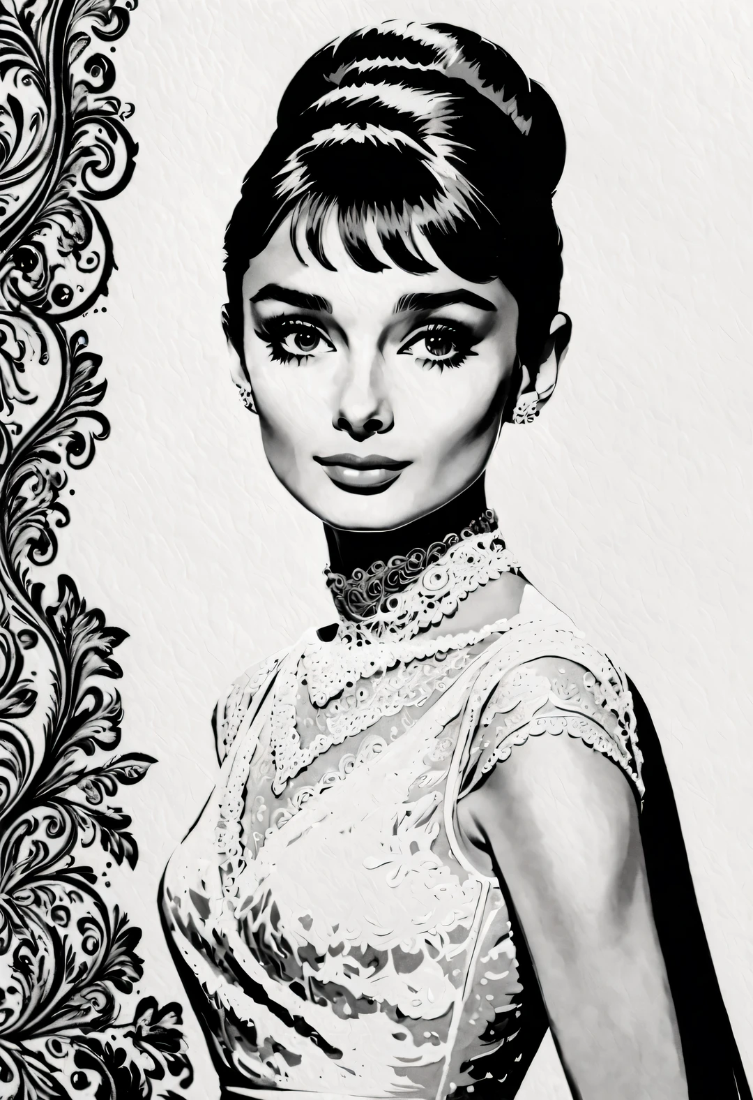 pen and ink art style, ink painting艺术风格, Beautiful detailed, ink painting, line art, black and white, White background, have no color, HD, Crazy details, Super please, elegant, Gorgeous, Surrealism, super detailed, gravure printing art style.
(Audrey Hepburn elegantly looks at the camera), a white lace evening gown with a White background and a Dramatic contrast, Hair texture clear and shiny, Emphasis on the depiction of exceptionally beautiful and bright eyes, smooth skin, portrait, beautiful details, Super intricate and refined details, Outline with black ink, smooth lines, Express the expressions and postures of characters through the contrast of ink shades. Simple background, Emphasis on light and space,