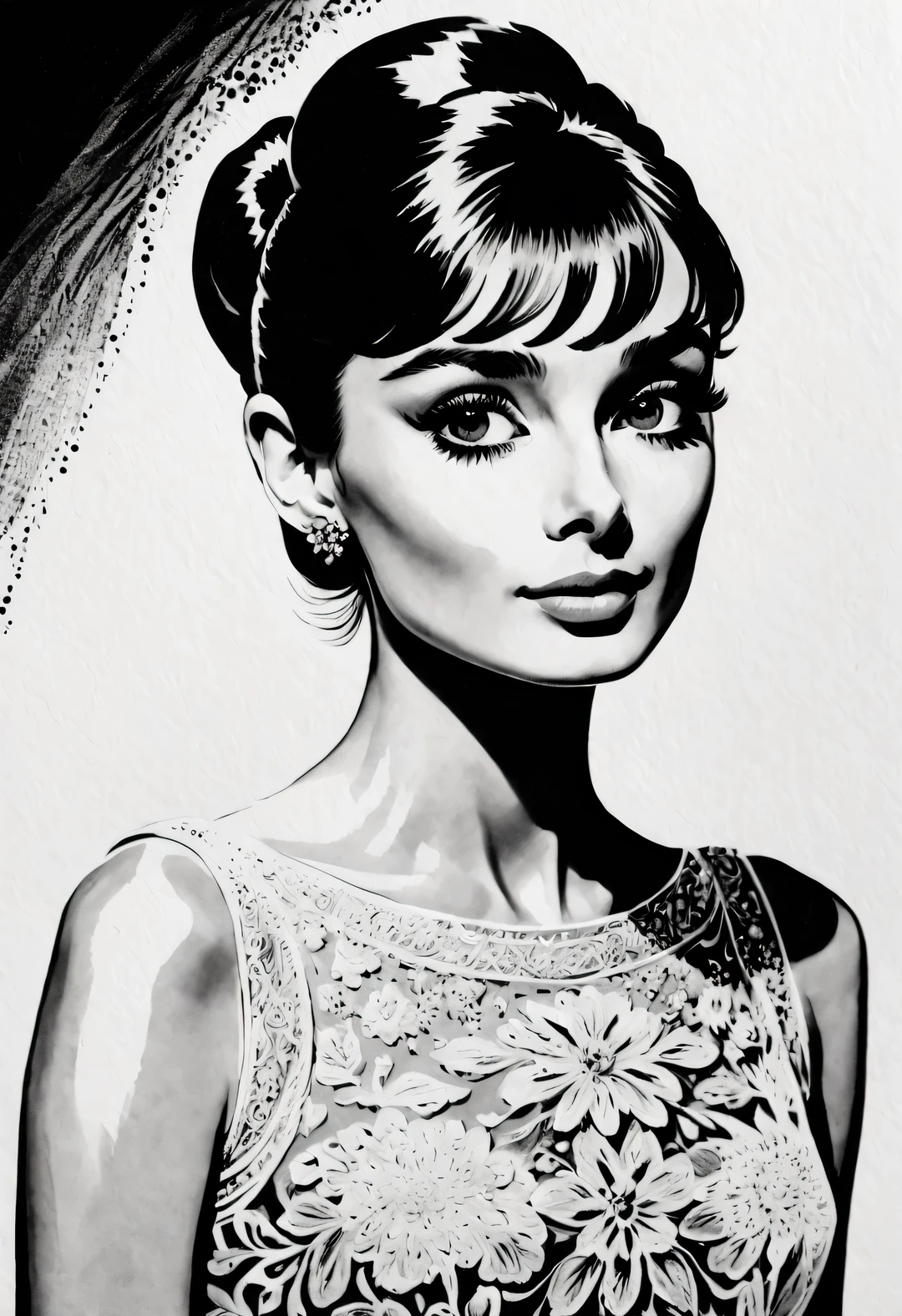 pen and ink art style, ink painting艺术风格, Beautiful detailed, ink painting, line art, black and white, White background, have no color, HD, Crazy details, Super please, elegant, Gorgeous, Surrealism, super detailed, gravure printing art style.
(Audrey Hepburn elegantly looks at the camera), a white lace evening gown with a White background and a Dramatic contrast, Hair texture clear and shiny, Emphasis on the depiction of exceptionally beautiful and bright eyes, smooth skin, portrait, beautiful details, Super intricate and refined details, Outline with black ink, smooth lines, Express the expressions and postures of characters through the contrast of ink shades. Simple background, Emphasis on light and space,