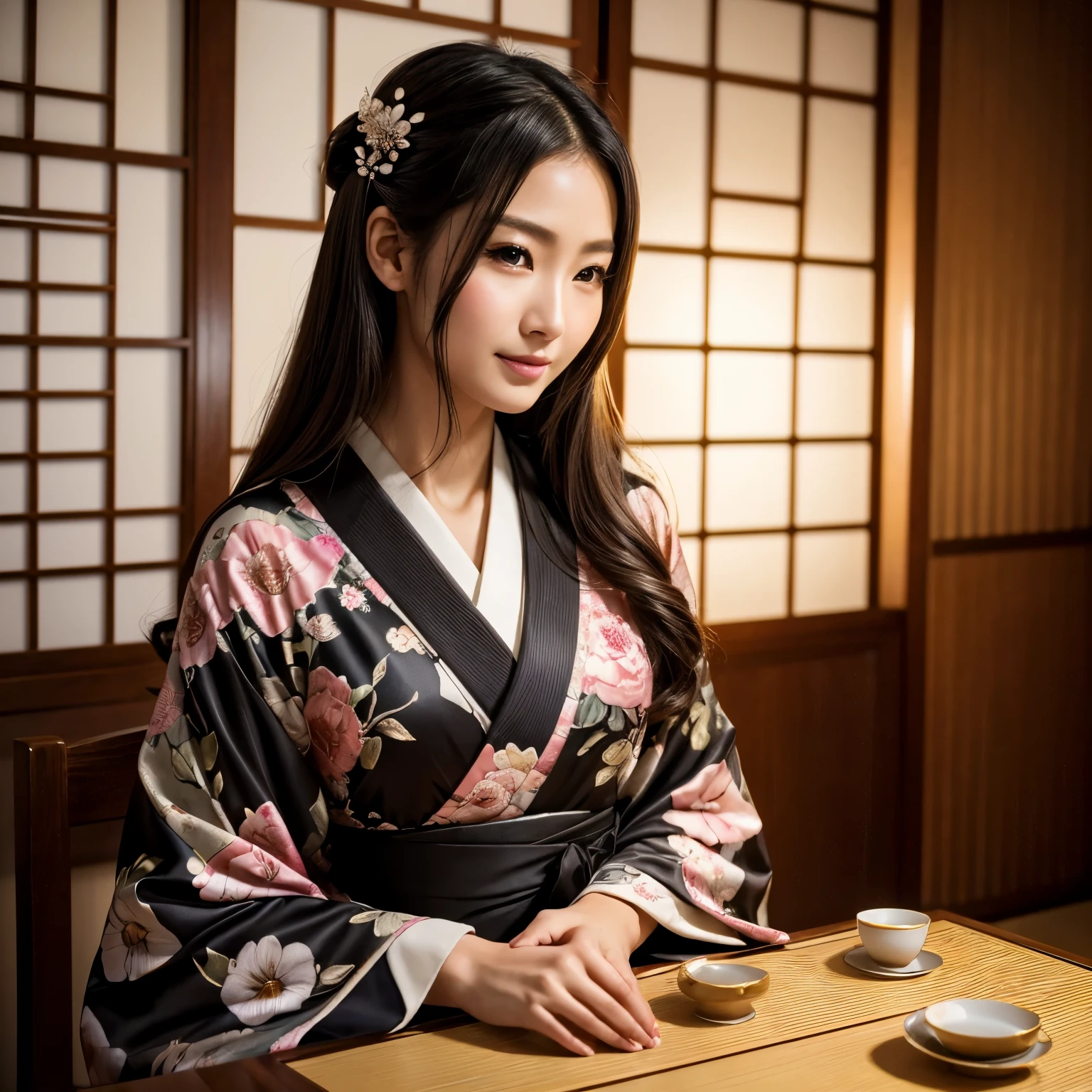 20generations、kimono、woman、tea ceremony、thin、sexy、night、blonde、seiza、I'm raising my hair、tea room、sex appeal，The charming face of the hostess、Floral Japan Kimono、高quality、超realistic、healthy、smiling face、perfect slender figure、Japanese beauty、 完璧な目beautiful skin、Upper body、Shrines and temples(Photoreal:1.4), (Top image quality:1.0), (Super high resolution:1.0), 8K, Raw photography, (masterpiece:0.2), (Pueros face_v1:0.5)、(最高quality Detail:1.2)、realistic、8K UHD、High resolution、(1 girl:1.2)、超detailedな、High quality textures、intricate details、detailed、Very detailed CG、High quality shadows、Beautiful and delicate face in every detail、Beautiful and delicate eyes in every detail、Depth of bounds written、ray tracing,1 girl,  cute, thin, black kimono, Japanese pattern kimono,floral scrunchie, beautiful skin, facing the front,please sit down, Sit upright and say thank you,Arrange your hands elegantly,The faintly smiling country of Japan,Japanese garden,luxury Japanese room, sky porn, magic hour, (realistic:1.3), 細かくdetailedに, quality, (table top:1.2), (realistic:1.2), (最高quality), (複雑なdetailed), dramatic, ray tracing, photograph, 