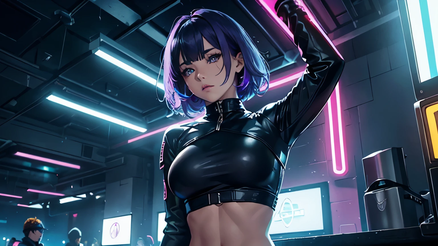 4K, A high resolution, Best quality at best, masterpiece, perfect colors, perfect shadow, perfect litthing, ((sportrait)), 1woman, fit-muscled body, face close up, bright yellow eyes, dark blue hair , blue eyes, With round lenses, detail in eyes, The audience watched carefully, (s face: 1.2), Perfect female figure, ((standing)), ((neon light purple Tight crop top leather suit)), ((shy and looking at viewert)), (Perfect thick white eyebrows) Delicate fur, 详细s face, s the perfect face, At a fantasy industrial city , (model pose standing), energetic background, perfect city skyscape, lighting atmosphere, ((Bonifasko lighting)), (The round lenses on his eyes)(詳細な目), Perfect student, face close up