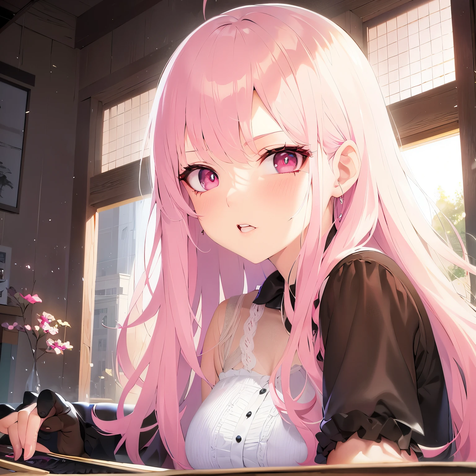 oyamamahiro, masterpiece, best quality, 1 gilr, , front view, sitting in a restaurant, facing the front, blushing, eating ice cream, tender eyes, appointment, flirtatious, one piece dress, finger ring, pretty earrings, pink lips, shy, looking straight ahead flushed