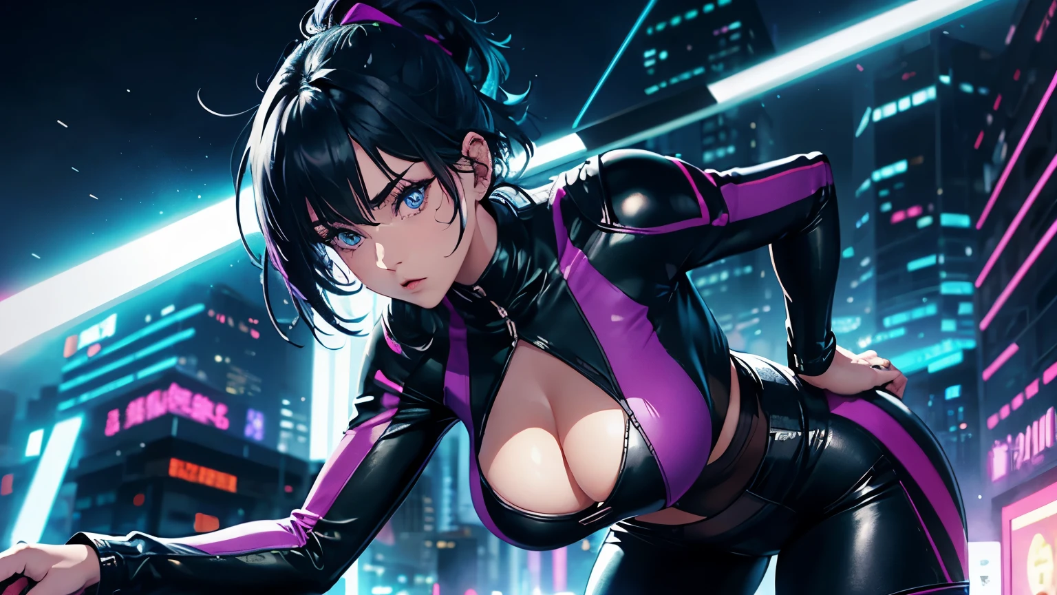 4K, A high resolution, Best quality at best, masterpiece, perfect colors, perfect shadow, perfect litthing, ((sportrait)), 1woman, fit-muscled body, face close up, bright yellow eyes, dark blue hair , blue eyes, With round lenses, detail in eyes, The audience watched carefully, (s face: 1.2), Perfect female figure, ((standing)), ((neon light purple Tight crop top leather suit)), ((shy and looking at viewert)), (Perfect thick white eyebrows) Delicate fur, 详细s face, s the perfect face, At a fantasy industrial city , (model pose standing), energetic background, perfect city skyscape, lighting atmosphere, ((Bonifasko lighting)), (The round lenses on his eyes)(詳細な目), Perfect student, face close up