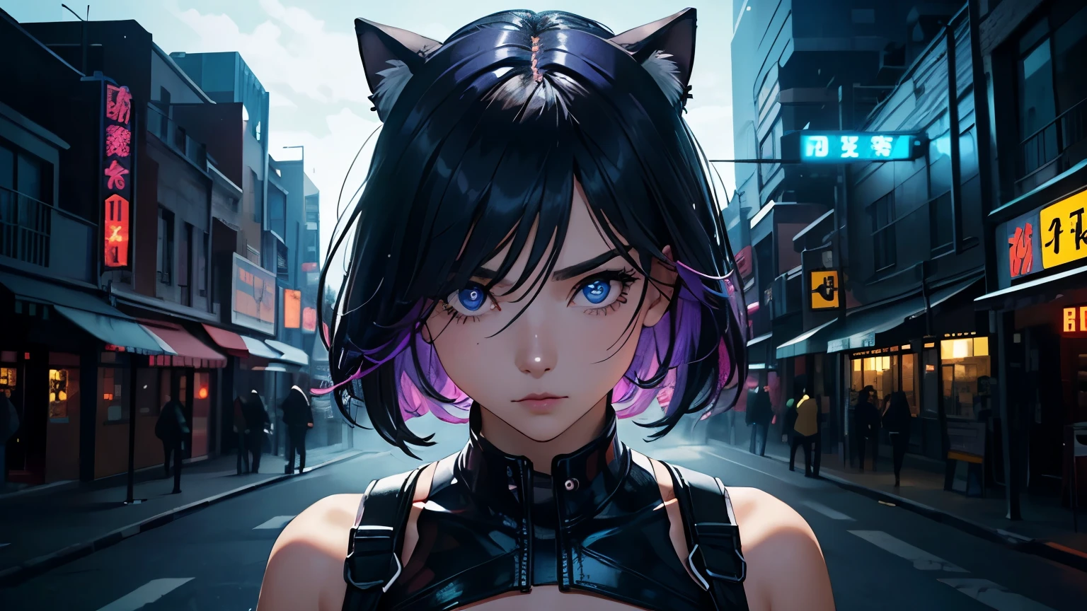 4K, A high resolution, Best quality at best, masterpiece, perfect colors, perfect shadow, perfect litthing, ((sportrait)), 1woman, fit-muscled body, face close up, bright yellow eyes, dark blue hair , blue eyes, With round lenses, detail in eyes, The audience watched carefully, (s face: 1.2), Perfect female figure, ((standing)), ((neon light purple Tight crop top leather suit)), ((shy and looking at viewert)), (Perfect thick white eyebrows) Delicate fur, 详细s face, s the perfect face, At a fantasy industrial city , (model pose standing), energetic background, perfect city skyscape, lighting atmosphere, ((Bonifasko lighting)), (The round lenses on his eyes)(詳細な目), Perfect student, face close up