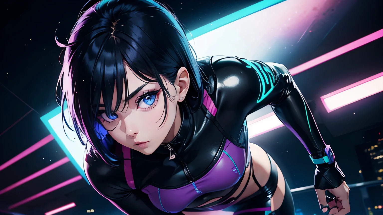 4K, A high resolution, Best quality at best, masterpiece, perfect colors, perfect shadow, perfect litthing, ((sportrait)), 1woman, fit-muscled body, face close up, bright yellow eyes, dark blue hair , blue eyes, With round lenses, detail in eyes, The audience watched carefully, (s face: 1.2), Perfect female figure, ((standing)), ((neon light purple Tight crop top leather suit)), ((shy and looking at viewert)), (Perfect thick white eyebrows) Delicate fur, 详细s face, s the perfect face, At a fantasy industrial city , (model pose standing), energetic background, perfect city skyscape, lighting atmosphere, ((Bonifasko lighting)), (The round lenses on his eyes)(詳細な目), Perfect student, face close up