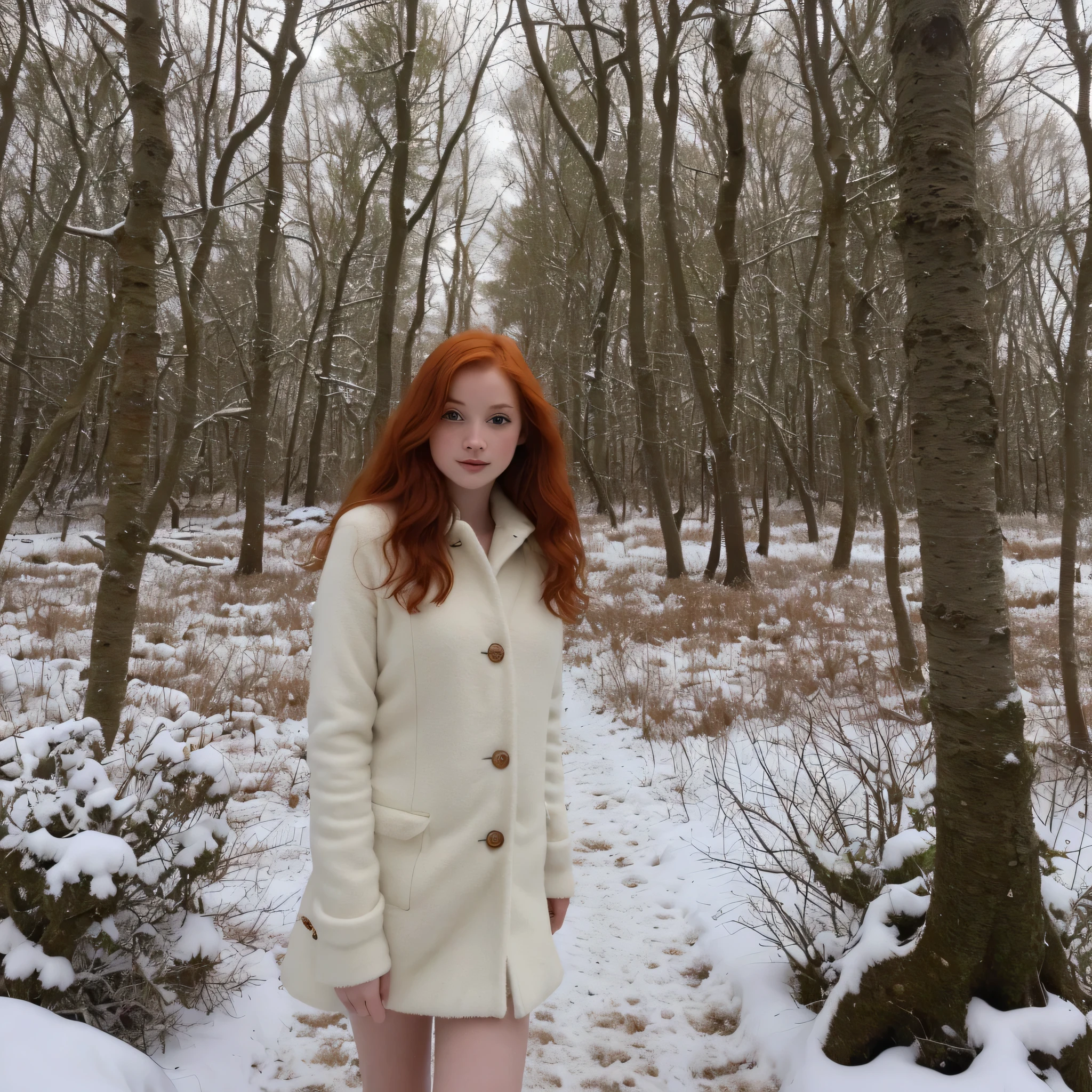 actress: Karen Gillan.  Seduces naked with her legs open. sitting on the snow in a forest.