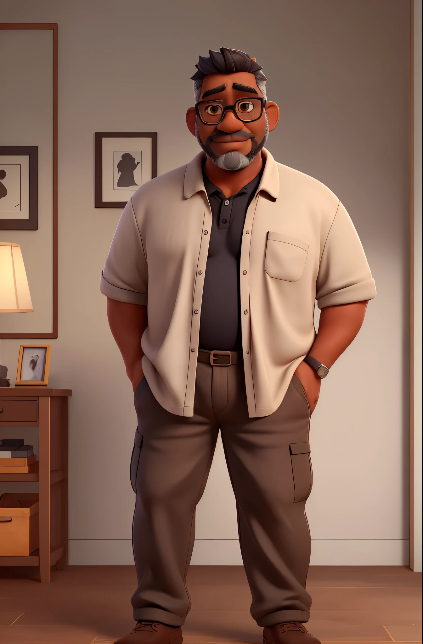 An attractive 50-year-old man. Dark tanned skin. chubby, Full body. He is wearing pants, just polo shirt. He has black rectangular reading glasses. He has beard. He has gray crew very cut hair. The image has perfectly defined lips and detailed dark brown eyes.