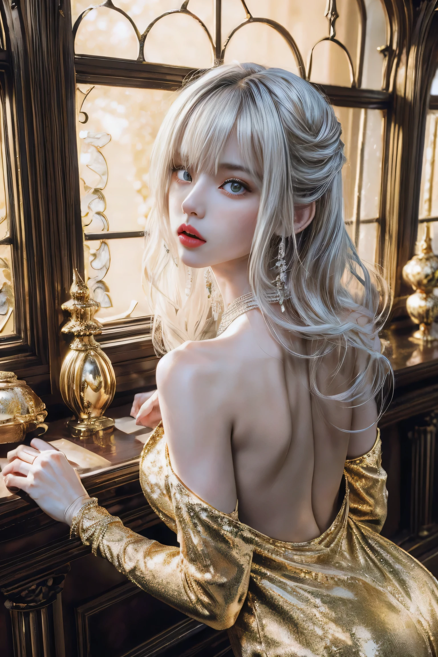 HD photos，lifelike，Ultra high resolution large files，8k high quality wallpaper，10x pixels，CG wallpaper，细节Clearlifelike，female portrait，Super fine，Super fine details：1.1，Advanced technical details：1.1，动态姿势美丽Sexy女人，一个Sexy，Royal sister style，Mixed-race females，Long white and silver hair，他有一头Long white and silver hair，Clearlifelike的头发，Clear的发丝，Delicate eyelash makeup，Be careful with your eyes and face，beautiful fine eyes，Thin eyebrows，Super fine致养眼性感大红唇，mature face，Exquisite face makeup，detailed facial work，, pretty face, Perfect face proportions,（Advanced facial details：1.1）perfect body shape，perfect body proportions，rough numbers，mannequin，一系列shining液体金色奢华礼服，Light gold sequin dress，sequined jacket，shining，tight long skirt，Summer sexy hip-hugging fishtail sleeveless commuter maxi skirt，Horse socks 100%Oil Pastel Tray Glossy Silk Surface 8D Black Silk Women&#39;s，High heel，Beautiful long dress，Wonderful DRESRIGHT light golden red series，High fashion clothing series，dress photography，Authentic clothing items，Slim，Sexy，jewelry，necklace，ear nipple ring，bracelet，indoor background，In the banquet hall，Women's artwork，Full body video dressed，Reality感，amazing (Egiosar:1)（Korean Idol face）Adult photography，Light gold series，Bright red satin dress，Reality摄影，Reality、Clear，fashion art，dress goddess，Women's artwork，full body view，fantasy art，First class boutique，High level of detail engineering
