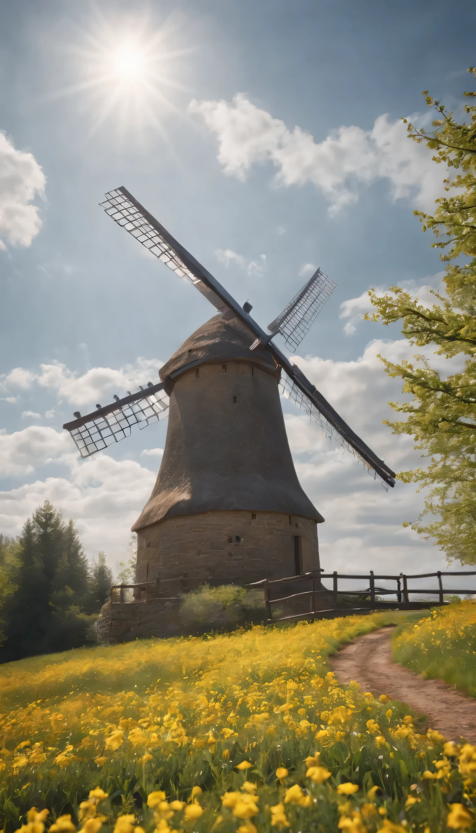 (Highly detailed CG Unity 8K wallpaper、masterpiece、highest quality、Super detailed)、(best lighting、best shadow、very delicate and beautiful)highest quality、8K、Detailed facial depiction、masterpiece、highest quality、clear image quality、A photo of a windmill built on a hill and the flow of clouds