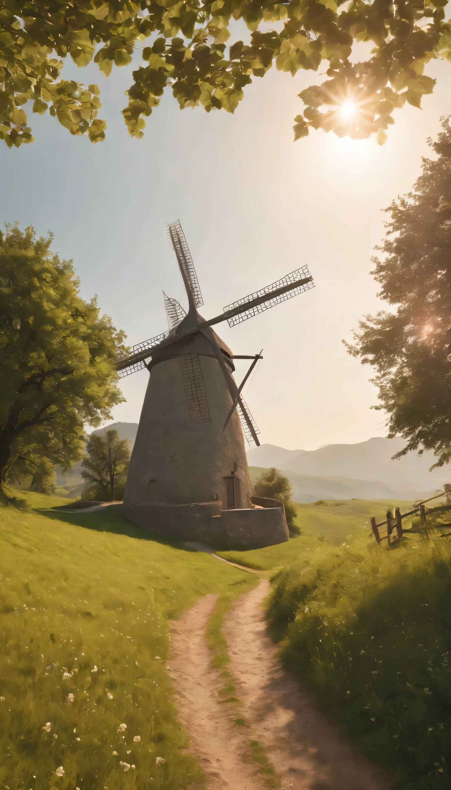 (Highly detailed CG Unity 8K wallpaper、masterpiece、highest quality、Super detailed)、(best lighting、best shadow、very delicate and beautiful)highest quality、8K、Detailed facial depiction、masterpiece、highest quality、clear image quality、A photo of a windmill built on a hill and the flow of clouds