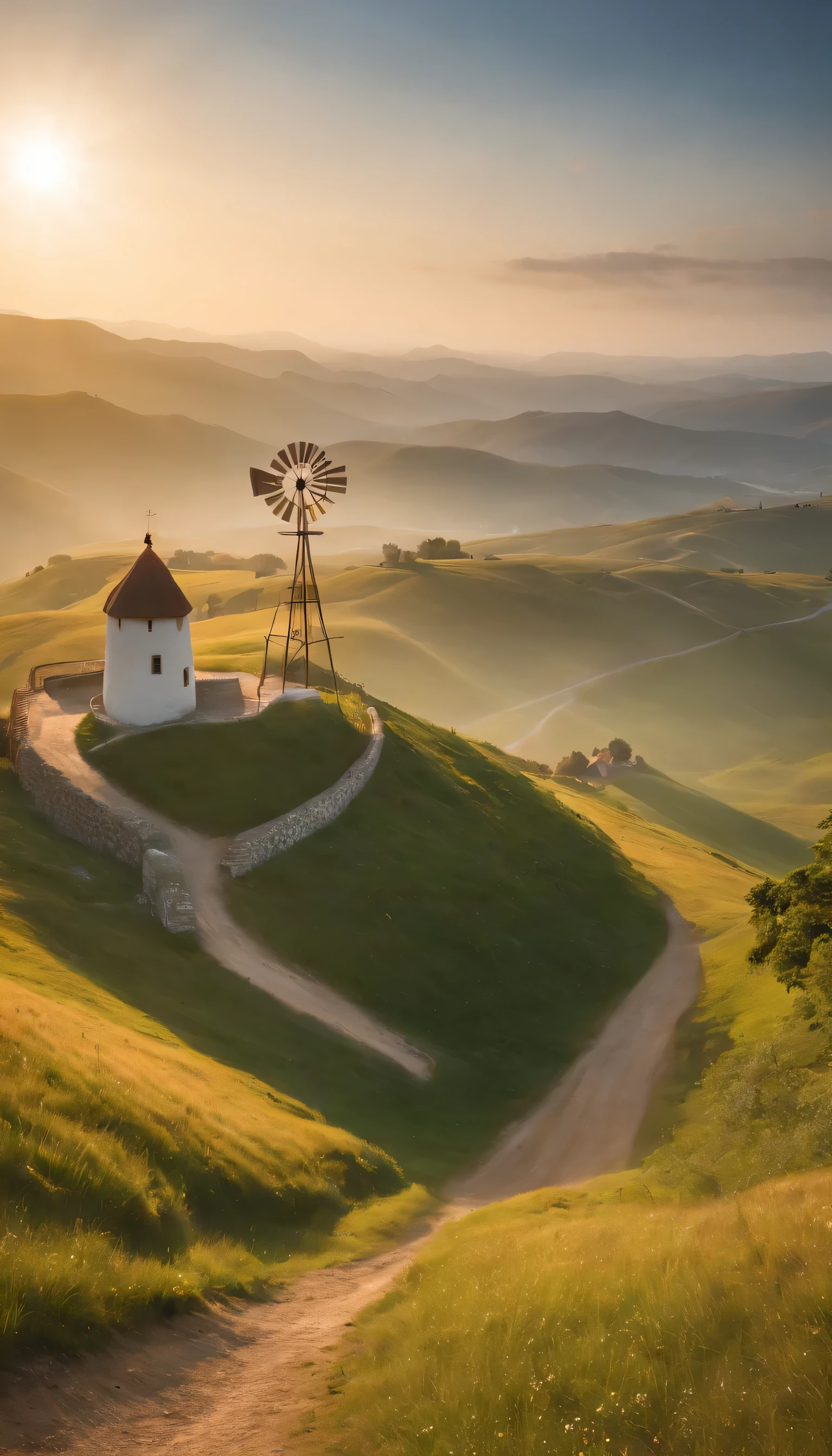 (Highly detailed CG Unity 8K wallpaper、masterpiece、highest quality、Super detailed)、(best lighting、best shadow、very delicate and beautiful)highest quality、8K、Detailed facial depiction、masterpiece、highest quality、clear image quality、A photo of a windmill built on a hill and the flow of clouds