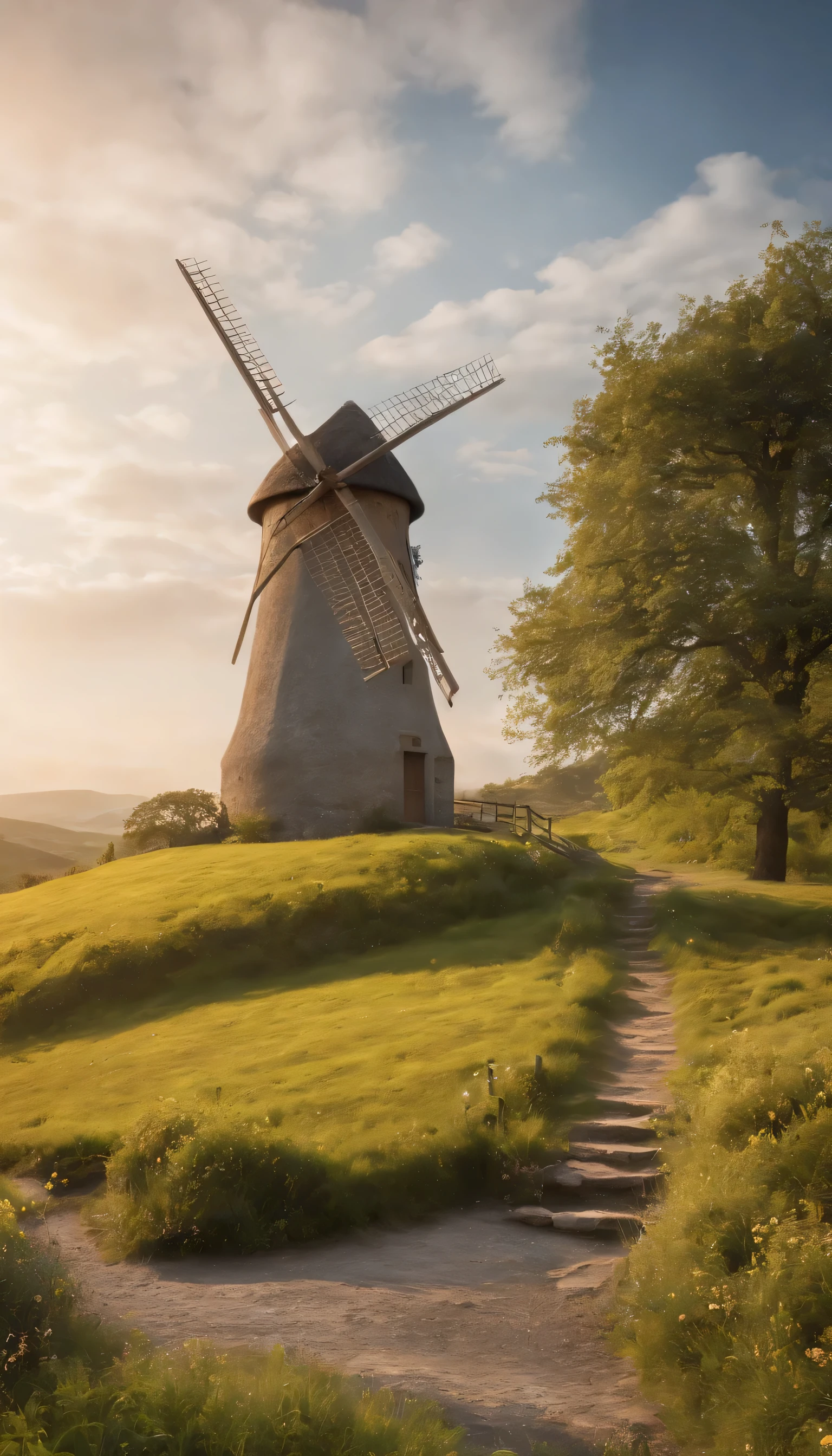 (Highly detailed CG Unity 8K wallpaper、masterpiece、highest quality、Super detailed)、(best lighting、best shadow、very delicate and beautiful)highest quality、8K、Detailed facial depiction、masterpiece、highest quality、clear image quality、A photo of a windmill built on a hill and the flow of clouds