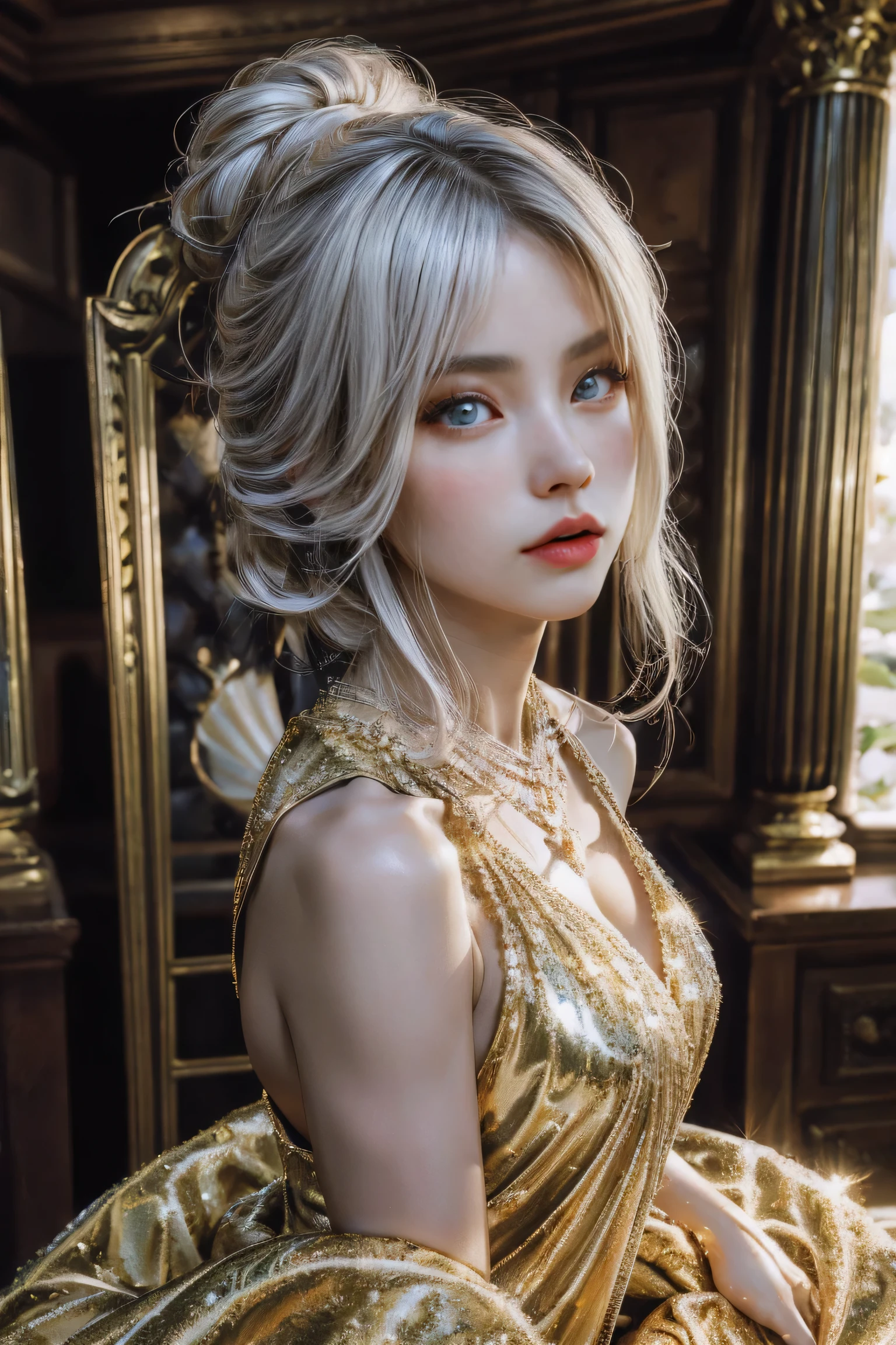 HD photos，lifelike，Ultra high resolution large files，8k high quality wallpaper，10x pixels，CG wallpaper，细节Clearlifelike，female portrait，Super fine，Super fine details：1.1，Advanced technical details：1.1，动态姿势美丽Sexy女人，一个Sexy，Royal sister style，Mixed-race females，Long white and silver hair，他有一头Long white and silver hair，Clearlifelike的头发，Clear的发丝，Delicate eyelash makeup，Be careful with your eyes and face，beautiful fine eyes，Thin eyebrows，Super fine致养眼性感大红唇，mature face，Exquisite face makeup，detailed facial work，, pretty face, Perfect face proportions,（Advanced facial details：1.1）perfect body shape，perfect body proportions，rough numbers，mannequin，一系列shining液体金色奢华礼服，Light gold sequin dress，sequined jacket，shining，tight long skirt，Summer sexy hip-hugging fishtail sleeveless commuter maxi skirt，Horse socks 100%Oil Pastel Tray Glossy Silk Surface 8D Black Silk Women&#39;s，High heel，Beautiful long dress，Wonderful DRESRIGHT light golden red series，High fashion clothing series，dress photography，Authentic clothing items，Slim，Sexy，jewelry，necklace，ear nipple ring，bracelet，indoor background，In the banquet hall，Women's artwork，Full body video dressed，Reality感，amazing (Egiosar:1)（Korean Idol face）Adult photography，Light gold series，Bright red satin dress，Reality摄影，Reality、Clear，fashion art，dress goddess，Women's artwork，full body view，fantasy art，First class boutique，High level of detail engineering
