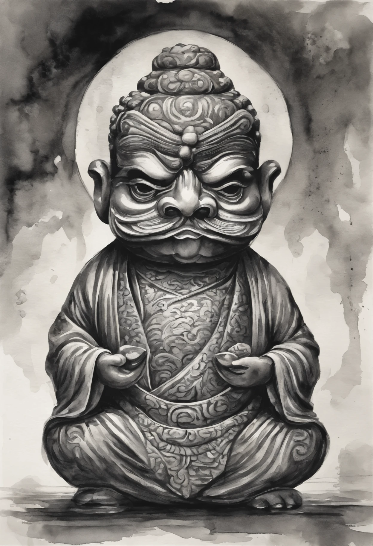 Intricately detailed ink painting of Daruma Daishi statue, One serene figure in monk's robes, greyscale monochrome,