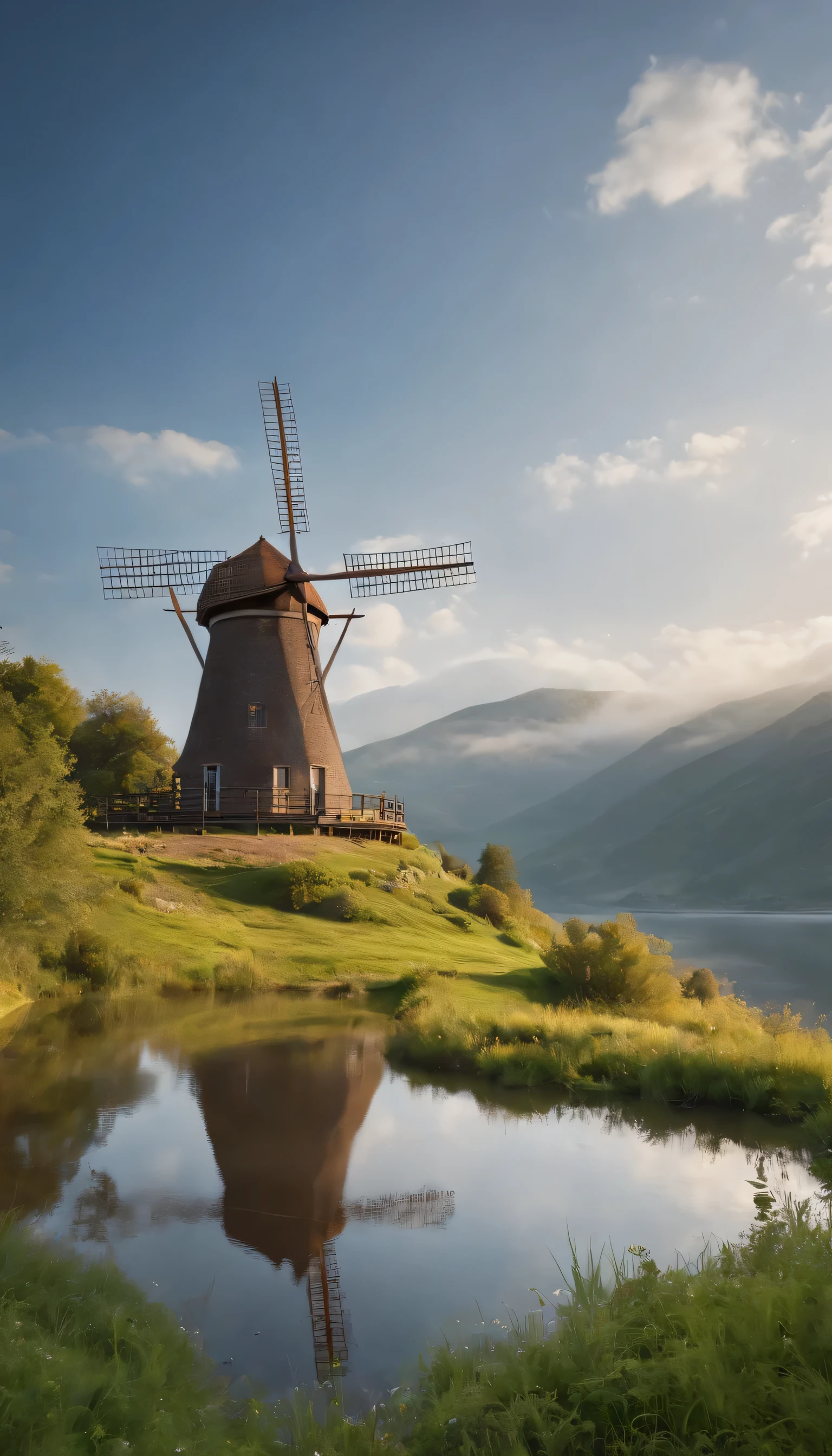 (Highly detailed CG Unity 8K wallpaper、masterpiece、highest quality、Super detailed)、(best lighting、best shadow、very delicate and beautiful)highest quality、8K、Detailed facial depiction、masterpiece、highest quality、clear image quality、A photo of a windmill built on a hill and the flow of clouds