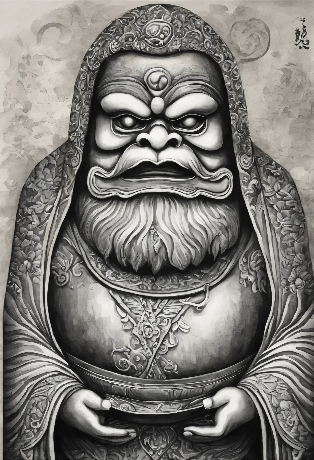 Intricately detailed ink painting of Daruma Daishi statue, One serene figure in monk's robes, greyscale monochrome,
