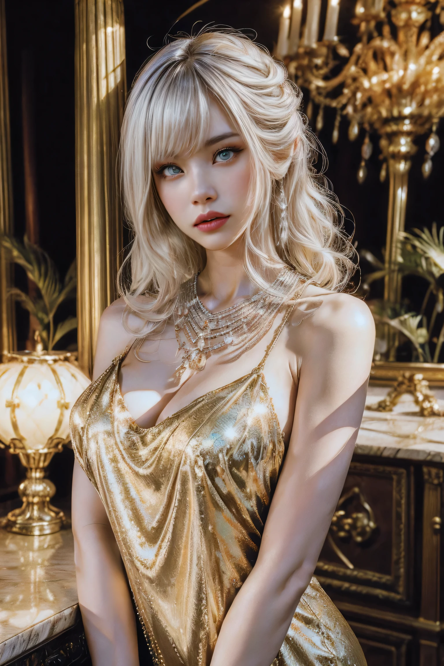 HD photos，lifelike，Ultra high resolution large files，8k high quality wallpaper，10x pixels，CG wallpaper，细节Clearlifelike，female portrait，Super fine，Super fine details：1.1，Advanced technical details：1.1，动态姿势美丽Sexy女人，一个Sexy，Royal sister style，Mixed-race females，Long white and silver hair，他有一头Long white and silver hair，Clearlifelike的头发，Clear的发丝，Delicate eyelash makeup，Be careful with your eyes and face，beautiful fine eyes，Thin eyebrows，Super fine致养眼性感大红唇，mature face，Exquisite face makeup，detailed facial work，, pretty face, Perfect face proportions,（Advanced facial details：1.1）perfect body shape，perfect body proportions，rough numbers，mannequin，一系列shining液体金色奢华礼服，Light gold sequin dress，sequined jacket，shining，tight long skirt，Summer sexy hip-hugging fishtail sleeveless commuter maxi skirt，Horse socks 100%Oil Pastel Tray Glossy Silk Surface 8D Black Silk Women&#39;s，High heel，Beautiful long dress，Wonderful DRESRIGHT light golden red series，High fashion clothing series，dress photography，Authentic clothing items，Slim，Sexy，jewelry，necklace，ear nipple ring，bracelet，indoor background，In the banquet hall，Women's artwork，Full body video dressed，Reality感，amazing (Egiosar:1)（Korean Idol face）Adult photography，Light gold series，Bright red satin dress，Reality摄影，Reality、Clear，fashion art，dress goddess，Women's artwork，full body view，fantasy art，First class boutique，High level of detail engineering
