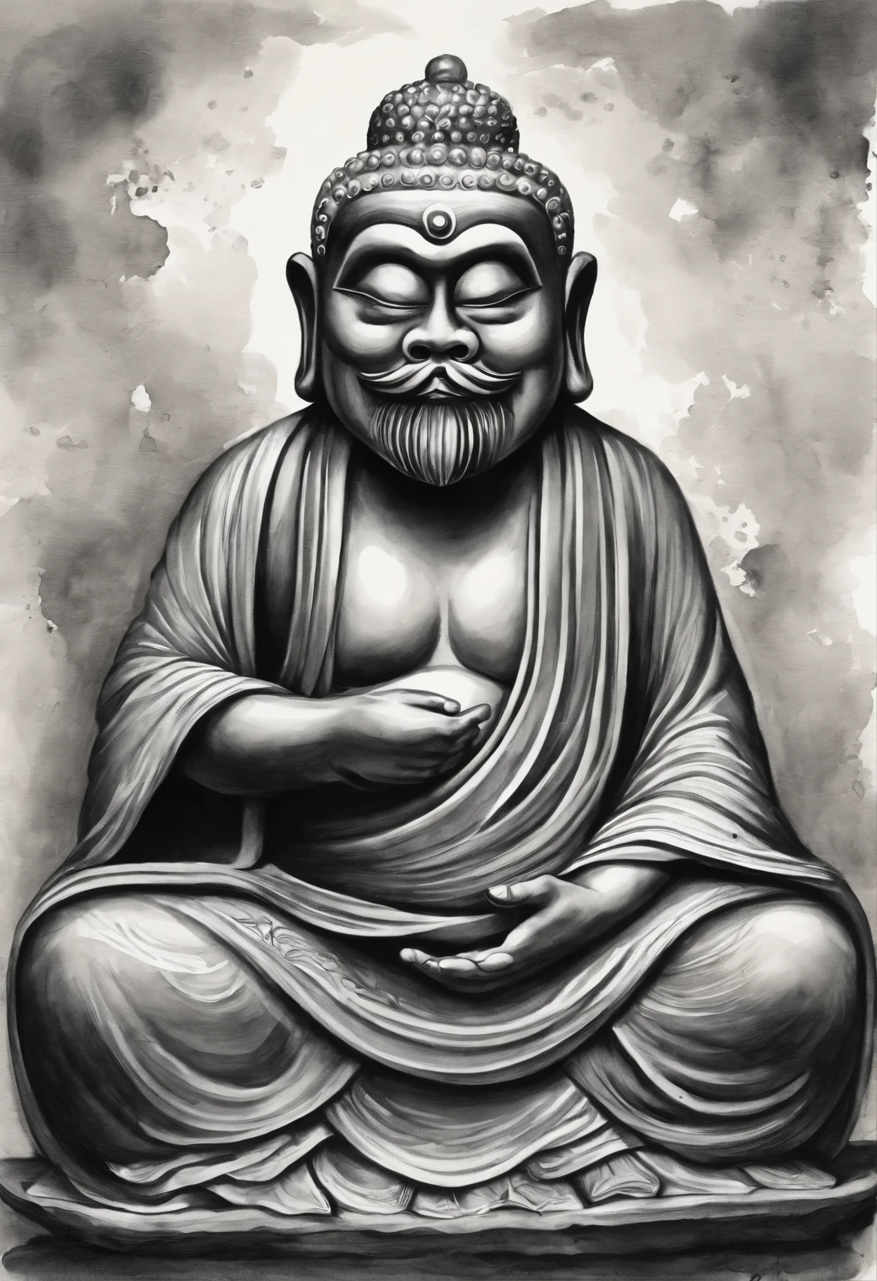 Intricately detailed ink painting of Daruma Daishi statue, One serene figure in monk's robes, greyscale monochrome,