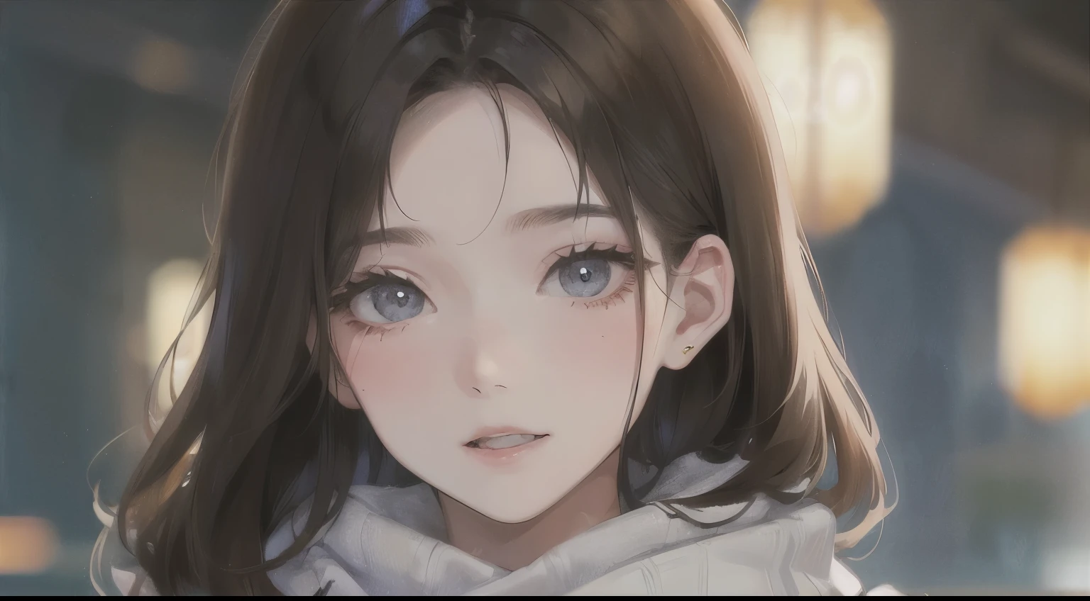 (((1 woman)))、(highest resolution、clear_image)、 (((Scarf)))、best quality、((Perm hair)),(((sweater)))、contrast of light and shadow、、night city background、((illumination))、very detailed、Semi-realistic、brown hair、、shy smile、bangs、20-year-old、office　Lady,,young、((View from the front))、delicate facial features facial features、