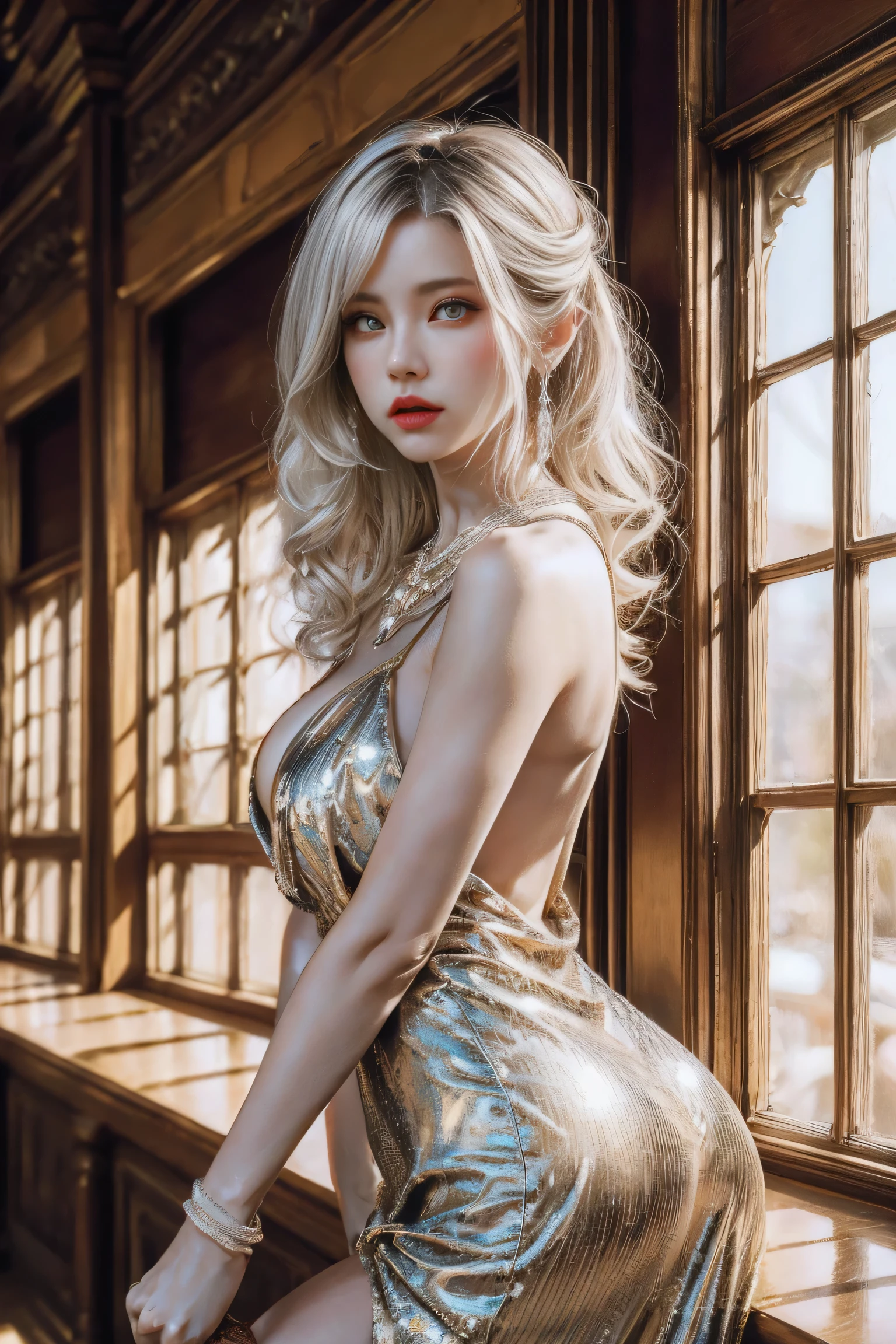HD photos,lifelike,Ultra high resolution large files,8k high quality wallpaper,10x pixels,CG wallpaper,细节Clearlifelike,female portrait,Super fine,Super fine details:1.1,Advanced technical details:1.1,动态姿势美丽Sexy女人,一个Sexy,Royal sister style,Mixed-race females,Long white and silver hair,他有一头Long white and silver hair,Clearlifelike的头发,Clear的发丝,Delicate eyelash makeup,Be careful with your eyes and face,beautiful fine eyes,Thin eyebrows,Super fine致养眼性感大红唇,mature face,Exquisite face makeup,detailed facial work,, pretty face, Perfect face proportions,(Advanced facial details:1.1)perfect body shape,perfect body proportions,rough numbers,mannequin,一系列shining液体金色奢华礼服,Light gold sequin dress,sequined jacket,shining,tight long skirt,Summer sexy hip-hugging fishtail sleeveless commuter maxi skirt,Horse socks 100%Oil Pastel Tray Glossy Silk Surface 8D Black Silk Women's,High heel,Beautiful long dress,Wonderful DRESRIGHT light golden red series,High fashion clothing series,dress photography,Authentic clothing items,Slim,Sexy,jewelry,necklace,ear nipple ring,bracelet,indoor background,In the banquet hall,Women's artwork,Full body video dressed,Reality感,amazing (Egiosar:1)(Korean Idol face)Adult photography,Light gold series,Bright red satin dress,Reality摄影,Reality、Clear,fashion art,dress goddess,Women's artwork,full body view,fantasy art,First class boutique,High level of detail engineering