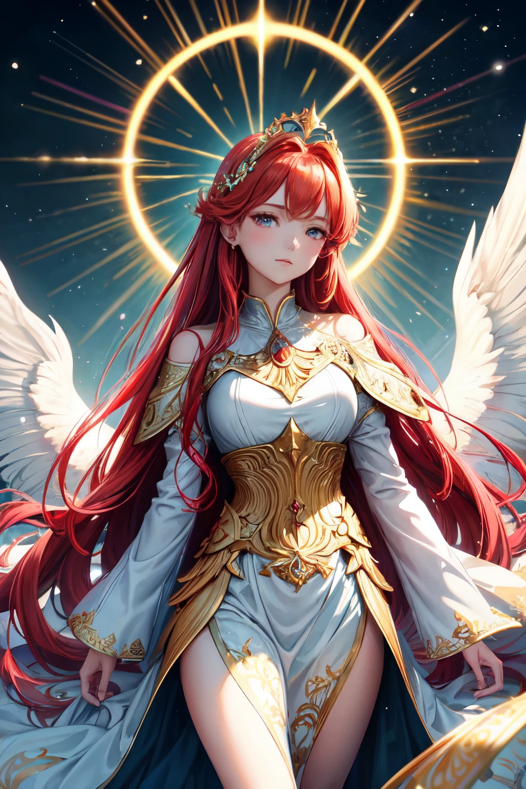 (masterpiece, best quality), 1 girl with fiery red hair, adorned in a pristine white dress that flows gracefully around her, portrayed as an ethereal angel in this magnificent work of art. Her wings, delicately crafted with intricate details, spread majestically behind her against a dark, mesmerizing background. A golden halo crown graces her head as she gazes intently at the viewer with closed, serene eyes. This exquisite piece, created in the enchanting anime style, comes alive with a blue theme, enhancing the tranquil atmosphere. The high resolution, available in 4K and 8K, showcases the stunning