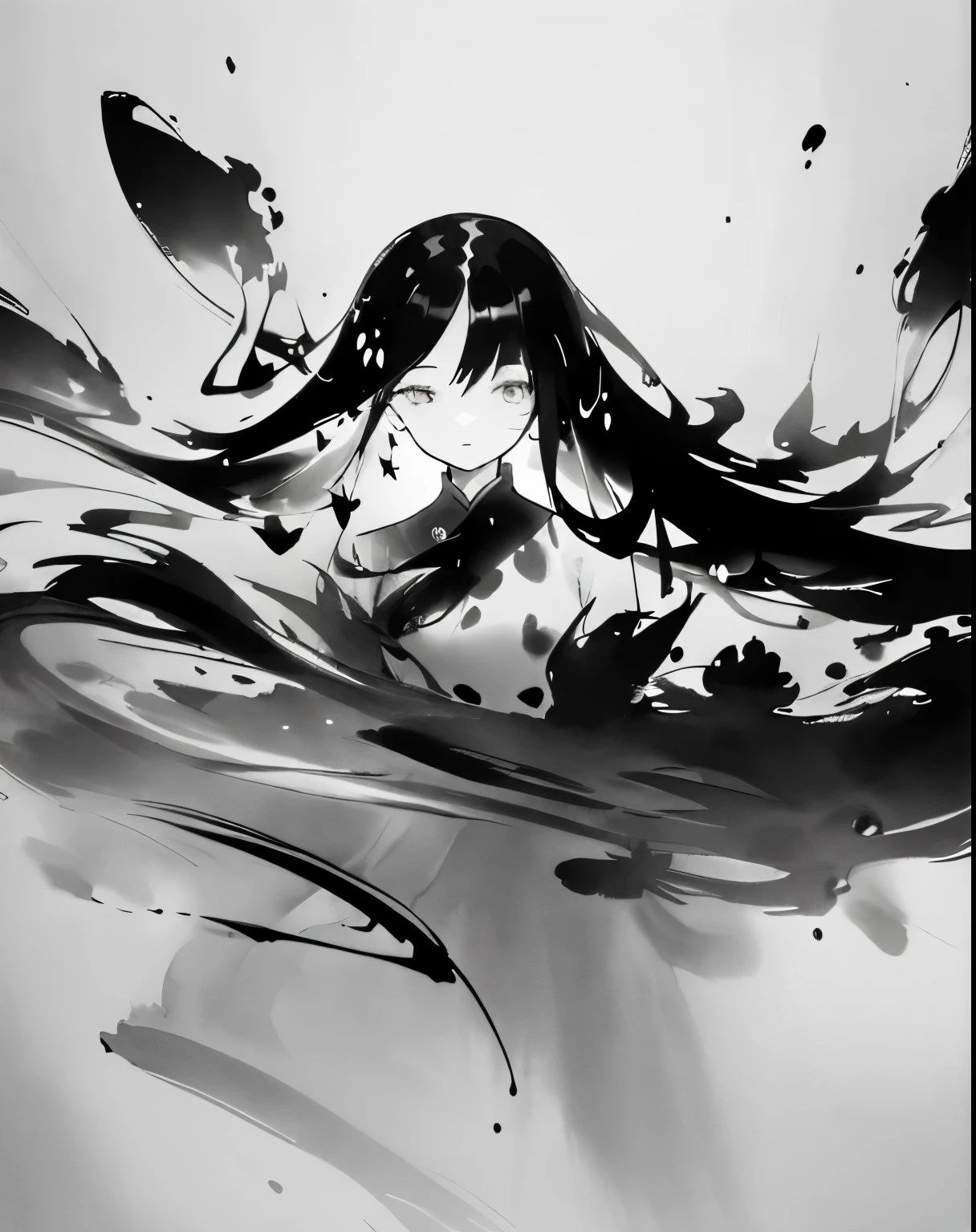 zydink, monochrome, ink sketch, 1women, asian (young women), (long hair), looking at viewer, long hair, floating hair, long sleeve dress, (abstract ink splash:1.2), white background