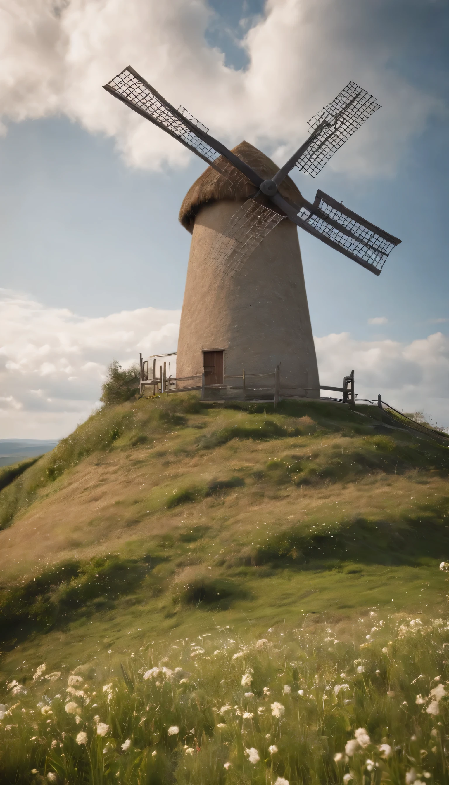 (Highly detailed CG Unity 8K wallpaper、masterpiece、highest quality、Super detailed)、(best lighting、best shadow、very delicate and beautiful)highest quality、8K、Detailed facial depiction、masterpiece、highest quality、clear image quality、A photo of a windmill built on a hill and the flow of clouds